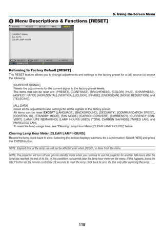 115
5. Using On-Screen Menu
❽ Menu Descriptions  Functions [RESET]
Returning to Factory Default [RESET]
The RESET feature allows you to change adjustments and settings to the factory preset for a (all) source (s) except
the following:
[CURRENT SIGNAL]
Resets the adjustments for the current signal to the factory preset levels.
The items that can be reset are: [PRESET], [CONTRAST], [BRIGHTNESS], [COLOR], [HUE], [SHARPNESS],
[ASPECT RATIO], [HORIZONTAL], [VERTICAL], [CLOCK], [PHASE], [OVERSCAN], [NOISE REDUCTION], and
[TELECINE].
[ALL DATA]
Reset all the adjustments and settings for all the signals to the factory preset.
All items can be reset EXCEPT [LANGUAGE], [BACKGROUND], [SECURITY], [COMMUNICATION SPEED],
[CONTROL ID], [STANDBY MODE], [FAN MODE], [CARBON CONVERT], [CURRENCY], [CURRENCY CON-
VERT], [LAMP LIFE REMAINING], [LAMP HOURS USED], [TOTAL CARBON SAVINGS], [WIRED LAN], and
[WIRELESS LAN].
To reset the lamp usage time, see “Clearing Lamp Hour Meter [CLEAR LAMP HOURS]” below.
Clearing Lamp Hour Meter [CLEAR LAMP HOURS]
Resets the lamp clock back to zero. Selecting this option displays submenu for a confirmation. Select [YES] and press
the ENTER button.
NOTE: Elapsed time of the lamp use will not be affected even when [RESET] is done from the menu.
NOTE: The projector will turn off and go into standby mode when you continue to use the projector for another 100 hours after the
lamp has reached the end of its life. In this condition you cannot clear the lamp hour meter on the menu. If this happens, press the
HELP button on the remote control for 10 seconds to reset the lamp clock back to zero. Do this only after replacing the lamp.
 