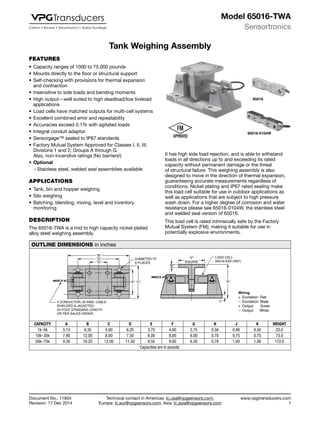 Technical contact in Americas: lc.usa@vpgsensors.com;
Europe: lc.eur@vpgsensors.com; Asia: lc.asia@vpgsensors.com
Sensortronics
www.vpgtransducers.com
1
Model 65016-TWA
Document No.: 11604
Revision: 17 Dec 2014
Tank Weighing Assembly
FEATURES
•	Capacity ranges of 1000 to 75,000 pounds
•	Mounts directly to the floor or structural support
•	Self-checking with provisions for thermal expansion
and contraction
•	Insensitive to side loads and bending moments
•	High output—well suited to high deadload/low liveload
applications
•	Load cells have matched outputs for multi-cell systems
•	Excellent combined error and repeatability
•	Accuracies exceed 0.1% with agitated loads
•	Integral conduit adaptor
•	Sensorgage™ sealed to IP67 standards
•	Factory Mutual System Approved for Classes I, II, III;
Divisions 1 and 2; Groups A through G.
Also, non-incendive ratings (No barriers!)
•	Optional
❍❍ Stainless steel, welded seal assemblies available
APPLICATIONS
•	Tank, bin and hopper weighing
•	Silo weighing
•	Batching, blending, mixing, level and inventory
monitoring
DESCRIPTION
The 65016-TWA is a mid to high capacity nickel-plated
alloy steel weighing assembly.
It has high side load rejection, and is able to withstand
loads in all directions up to and exceeding its rated
capacity without permanent damage or the threat
of structural failure. This weighing assembly is also
designed to move in the direction of thermal expansion,
guaranteeing accurate measurements regardless of
conditions. Nickel plating and IP67 rated sealing make
this load cell suitable for use in outdoor applications as
well as applications that are subject to high pressure
wash down. For a higher degree of corrosion and water
resistance please see 65016-0104W, the stainless steel
and welded seal version of 65016.
This load cell is rated intrinsically safe by the Factory
Mutual System (FM); making it suitable for use in
potentially explosive environments.
OUTLINE DIMENSIONS in inches
4 CONDUCTOR; 22 AWG. CABLE;
SHIELDED & JACKETED;
25 FOOT STANDARD LENGTH
OR PER SALES ORDER.
DIAMETER “H”
8 PLACES
“E” “C”
“B”
“D”
“G”
“A”
“F”
SQUARE
“K”
LOAD CELL
65016-XXK (REF)
“J”
Wiring
+ Excitation Red
– Excitation Black
+ Output Green
– Output White
CAPACITY A B C D E F G H J K WEIGHT
1k–5k 5.13 9.35 5.00 6.25 3.75 4.00 2.75 0.56 0.90 0.50 22.0
10k–35k 7.90 12.00 8.00 7.50 6.00 8.00 6.00 0.78 0.75 0.75 73.0
50k–75k 9.30 16.25 12.00 11.50 9.50 9.00 6.50 0.78 1.00 1.00 172.0
Capacities are in pounds.
65016-0104W
65016
Tank Weighing Assembly
 