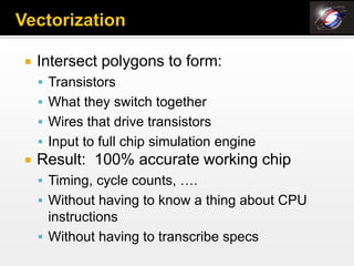    Intersect polygons to form:
     Transistors
     What they switch together
     Wires that drive transistors
     Input to full chip simulation engine
   Result: 100% accurate working chip
     Timing, cycle counts, ….
     Without having to know a thing about CPU
      instructions
     Without having to transcribe specs
 