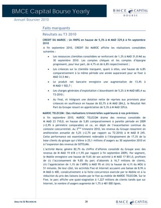 BMCE Capital Bourse Yearly
Annuel Boursier 2010

                      Faits marquants
                      Résultats au T3 2010
                      CREDIT DU MAROC : Un RNPG en hausse de 5,3% à M MAD 329,6 à fin septembre
                      2010
                      A fin septembre 2010, CREDIT DU MAROC affiche les réalisations consolidées
                      suivantes :
                          •   Les ressources clientèles consolidées se renforcent de 1,3% à MAD 31,8 Md au
                              30 septembre 2010. Les comptes chèques et les comptes d’épargne
                              progressent, pour leur part, de 4,7% et de 6,8% respectivement ;
                          •   Les créances sur la clientèle marquent, quant à elles, une hausse de 6,8%
                              comparativement à la même période une année auparavant pour se fixer à
                              MAD 33,5 Md ;
                          •   Le produit net bancaire enregistre une augmentation de 13,4% à
                              M MAD 1 502,7 ;
                          •   Les charges générales d’exploitation s’alourdissent de 5,2% à M MAD 685,4 au
                              T3-2010 ;
                          •   Au final, et intégrant une dotation nette de reprises aux provisions pour
                              créances en souffrance en hausse de 83,7% à M MAD 284,2, le Résultat Net
                              Part du Groupe ressort en appréciation de 5,3% à M MAD 329,6.

                      MAROC TELECOM : Des réalisations trimestrielles supérieures à nos prévisions
                      A fin septembre 2010, MAROC TELECOM draine des revenus consolidés de
                      M MAD 23 710,0, en hausse de 5,8% comparativement à pareille période en 2009
                      (+2,9% à périmètre comparable) et ce, en dépit de l’exacerbation continue du
                      contexte concurrentiel. Au 3ème trimestre 2010, les revenus du Groupe ressortent en
                      amélioration annuelle de 5,2% (+2,7% par rapport au T2-2010) à M MAD 8 245.
                      Cette performance est essentiellement redevable à l’élargissement de 17,3% de la
                      base clients du groupe qui s’élève à 25,1 millions d’usagers au 30 septembre 2010 et
                      à l’expansion des revenus de SOTELMA.
                      L’activité Maroc génère 82,7% du chiffre d’affaires consolidé du Groupe avec des
                      revenus de M MAD 19 618 (+1,9% par rapport à fin septembre 2009). Par segment,
                      le Mobile enregistre une hausse de 9,6% de son activité à M MAD 17 851,0, profitant
                      de (i) l’accroissement de 9,8% du parc d’abonnés à 16,7 millions de clients,
                      (ii) l’appréciation de 1,1% de l’ARPU à MAD 95 et (iii) la hausse de 4,1% du MOU à
                      51 minutes. De leur côté, les activités Fixe et Internet accusent une baisse de 8,9% à
                      M MAD 6 400, consécutivement à la forte concurrence exercée par le Mobile et à la
                      réduction du prix des liaisons louées par le fixe au mobile de MAROC TELECOM. Sur le
                      Fixe, le parc affiche une quasi-stagnation à 1,227 millions de clients tandis que sur
                      Internet, le nombre d’usagers augmente de 1,7% à 481 000 lignes.




ANALYSE & RECHERCHE                                      28
 