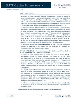 BMCE Capital Bourse Yearly
Annuel Boursier 2010

                            Faits marquants
                            Les filiales africaines continuent d’évoluer favorablement, comme en atteste la
                            bonne orientation de leurs activités à fin septembre 2010 : +6,9% pour MAURITEL à
                            M MAD 894, +9,0% pour ONATEL à M MAD 1 368 et +457,4% pour SOTELMA à
                            M MAD 1 126. En revanche, GABON TELECOM affiche un repli de 8,9% de ses revenus à
                            M MAD 787. Enfin, et après le désengagement de la filiale MVNO en France, le chiffre
                            d’affaires de MOBISUD Belgique ressort à M MAD 28, en baisse annuelle de 73,3%.
                            Sur le plan opérationnel et face à la hausse des amortissements liée à l’importance du
                            programme d’investissements mené par le Groupe, le résultat d’exploitation ressort
                            en hausse limitée de 3,5% à M MAD 10 505, fixant la marge opérationnelle à 44,3%
                            contre 45,3% une année auparavant. Pour le seul 3ème trimestre 2010, le REX consolidé
                            affiche une augmentation annuelle de 6,6% (+10,8% par rapport au T2-2010) à
                            M MAD 3 838. S’agissant des filiales, le redressement du REX de SOTELMA (M MAD 144
                            contre M MAD –20 au T3-2009) et la progression de 48,8% de celui d’ONATEL
                            (M MAD 360) ont permis de compenser les contre-performances opérationnelles de
                            MAURITEL (-4,5% à M MAD 284) et de GABON TELECOM (-19,5% à M MAD 70).
                            Sur le plan des perspectives, le Senior Management de MAROC TELECOM table sur un
                            maintien du leadership et des marges tout en préservant la croissance par
                            l’investissement et le développement des filiales.

                            ENNAKL AUTOMOBILES : Accroissement du chiffre d’affaires social de 42,4% à
                            M TND 310,1 (soit M MAD 1 763,1*) au 30/09/2010
                            Au terme des neuf premiers mois de l’année en cours, la société ENNAKL
                            AUTOMOBILES affiche un chiffre d’affaires –CA- social de M TND 310,1
                            (soit M MAD 1 763,1), en hausse de 42,4% comparativement à la même période une
                            année auparavant. Cette progression est redevable notamment (i) à l’élargissement
                            des ventes de voitures de 34,0% à 9 556 unités, (ii) à l’extension de son réseau
                            d’agences officielles à 18 points de ventes (vs. 11 au 30/09/2009) et
                            (iii) à la commercialisation des véhicules de la marque SEAT au courant du troisième
                            trimestre 2010.
                            Pour sa part, le résultat opérationnel brut (hors autres charges externes, impôts et
                            taxes et dotations d’exploitation) s’élève à M TND 30,9 (soit M MAD 175,7),
                            en accroissement de 51,4% consécutivement à la maîtrise des charges opérationnelles
                            (les charges du personnel ne représentent plus que 1,8% du CA contre 2,5% au
                            30 septembre 2009) suite au transfert du personnel, affecté auparavant à l’activité
                            véhicules industriels, à la société ENNAKL VEHICULES INDUSTRIELS. Par conséquent,
                            la marge brute se bonifie de 0,6 point à 10%.
                            De même, le résultat financier se monte à M TND 1,4 (soit M MAD 8,0),
                            en élargissement de 78,2% consécutivement vraisemblablement à l’appréciation du
                            portefeuille titres.

                      * Cours de conversion de TND 1 = MAD 5,68556 au 30/09/2010 selon le site de conversion OANDA.




ANALYSE & RECHERCHE                                                   29
 