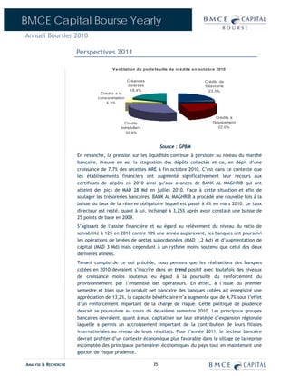 BMCE Capital Bourse Yearly
Annuel Boursier 2010

                      Perspectives 2011

                                      V e ntilation du por te fe uille de cr é dits e n octobr e 2010


                                               Créances                                  Crédits de
                                               diverses                                  trésorerie
                                                18,4%                                      23,3%
                                Crédits à la
                               consommation
                                   5,3%



                                                                                                Crédits à
                                            Crédits                                          l'équipement
                                          immobiliers                                            22,0%
                                            30,9%


                                                                 Source : GPBM
                      En revanche, la pression sur les liquidités continue à persister au niveau du marché
                      bancaire. Preuve en est la stagnation des dépôts collectés et ce, en dépit d’une
                      croissance de 7,7% des recettes MRE à fin octobre 2010. C’est dans ce contexte que
                      les établissements financiers ont augmenté significativement leur recours aux
                      certificats de dépôts en 2010 ainsi qu’aux avances de BANK AL MAGHRIB qui ont
                      atteint des pics de MAD 28 Md en juillet 2010. Face à cette situation et afin de
                      soulager les trésoreries bancaires, BANK AL MAGHRIB a procédé une nouvelle fois à la
                      baisse du taux de la réserve obligatoire lequel est passé à 6% en mars 2010. Le taux
                      directeur est resté, quant à lui, inchangé à 3,25% après avoir constaté une baisse de
                      25 points de base en 2009.
                      S’agissant de l’assise financière et eu égard au relèvement du niveau du ratio de
                      solvabilité à 12% en 2010 contre 10% une année auparavant, les banques ont poursuivi
                      les opérations de levées de dettes subordonnées (MAD 1,2 Md) et d’augmentation de
                      capital (MAD 3 Md) mais cependant à un rythme moins soutenu que celui des deux
                      dernières années.
                      Tenant compte de ce qui précède, nous pensons que les réalisations des banques
                      cotées en 2010 devraient s’inscrire dans un trend positif avec toutefois des niveaux
                      de croissance moins soutenus eu égard à la poursuite du renforcement du
                      provisionnement par l’ensemble des opérateurs. En effet, à l’issue du premier
                      semestre et bien que le produit net bancaire des banques cotées ait enregistré une
                      appréciation de 13,2%, la capacité bénéficiaire n’a augmenté que de 4,7% sous l’effet
                      d’un renforcement important de la charge de risque. Cette politique de prudence
                      devrait se poursuivre au cours du deuxième semestre 2010. Les principaux groupes
                      bancaires devraient, quant à eux, capitaliser sur leur stratégie d’expansion régionale
                      laquelle a permis un accroissement important de la contribution de leurs filiales
                      internationales au niveau de leurs résultats. Pour l’année 2011, le secteur bancaire
                      devrait profiter d’un contexte économique plus favorable dans le sillage de la reprise
                      escomptée des principaux partenaires économiques du pays tout en maintenant une
                      gestion de risque prudente.

ANALYSE & RECHERCHE                                         35
 