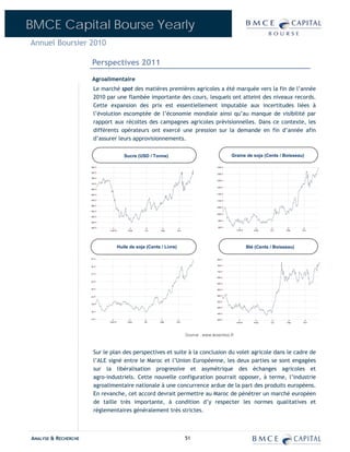 BMCE Capital Bourse Yearly
Annuel Boursier 2010

                      Perspectives 2011
                      Agroalimentaire
                      Le marché spot des matières premières agricoles a été marquée vers la fin de l’année
                      2010 par une flambée importante des cours, lesquels ont atteint des niveaux records.
                      Cette expansion des prix est essentiellement imputable aux incertitudes liées à
                      l’évolution escomptée de l’économie mondiale ainsi qu’au manque de visibilité par
                      rapport aux récoltes des campagnes agricoles prévisionnelles. Dans ce contexte, les
                      différents opérateurs ont exercé une pression sur la demande en fin d’année afin
                      d’assurer leurs approvisionnements.

                                  Sucre (USD / Tonne)                       Graine de soja (Cents / Boisseau)




                               Huile de soja (Cents / Livre)                      Blé (Cents / Boisseau)




                      Sur le plan des perspectives et suite à la conclusion du volet agricole dans le cadre de
                      l’ALE signé entre le Maroc et l’Union Européenne, les deux parties se sont engagées
                      sur la libéralisation progressive et asymétrique des échanges agricoles et
                      agro-industriels. Cette nouvelle configuration pourrait opposer, à terme, l’industrie
                      agroalimentaire nationale à une concurrence ardue de la part des produits européens.
                      En revanche, cet accord devrait permettre au Maroc de pénétrer un marché européen
                      de taille très importante, à condition d’y respecter les normes qualitatives et
                      réglementaires généralement très strictes.



ANALYSE & RECHERCHE                                            51
 