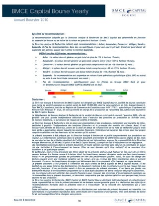 BMCE Capital Bourse Yearly
Annuel Boursier 2010


               Système de recommandation :
               La recommandation adoptée par la Direction Analyse & Recherche de BMCE Capital est déterminée en fonction
               du potentiel de hausse ou de baisse de la valeur en question à horizon 12 mois.
               La Direction Analyse & Recherche retient sept recommandations : Achat, Accumuler, Conserver, Alléger, Vendre,
               Suspendu et Pas de recommandation. Dans des cas spécifiques et pour une courte période, l’analyste peut choisir de
               suspendre son opinion, auquel cas il utilise la mention Suspendu.
                      Définition des différentes recommandations :
                  •       Achat : la valeur devrait générer un gain total de plus de 15% à horizon 12 mois ;
                  •       Accumuler : la valeur devrait générer un gain total compris entre +6% et +15% à horizon 12 mois ;
                  •       Conserver : la valeur devrait générer un gain total compris entre +6% et –6% à horizon 12 mois ;
                  •       Alléger : la valeur devrait accuser une baisse totale comprise entre -6% et -15% à horizon 12 mois ;
                  •       Vendre : la valeur devrait accuser une baisse totale de plus de -15% à horizon 12 mois ;
                  •       Suspendu : la recommandation est suspendue en raison d’une opération capitalistique (OPA, OPE ou autre)
                          ou suite à une incertitude concernant son avenir ;
                  •       Pas de recommandation : spécifiquement pour les filiales du Groupe BMCE Bank et pour
                          les émetteurs avec lesquels BMCE CAPITAL BOURSE est en deal.

                              Vendre          Alléger                 Conserver               Accumuler           Achat


                                       -15%              -6%                           +6%                 +15%
               Disclaimer :
               La Direction Analyse & Recherche de BMCE Capital est désignée par BMCE Capital Bourse, société de bourse constituée
               sous forme de société anonyme au capital social de MAD 10 000 000, dont le siège social est sis 140, Avenue Hassan II,
               Tour BMCE, Casablanca, inscrite au Registre de Commerce de Casablanca sous le N° 77 971, autorisée par l’agrément du
               Ministère des Finances N° 3/26, en tant qu’entité en charge de la production de l’ensemble des publications boursières
               de BMCE Capital Bourse.
               Le détachement du bureau Analyse & Recherche de la société de Bourse a été opéré courant l’exercice 2000, afin de
               garantir une plus grande indépendance éditoriale dans l’exercice des fonctions de production et d’éviter ainsi,
               de manière maximale, la survenance de risques de conflits d’intérêts.
               La Direction Analyse & Recherche a mis en place une organisation et des procédures, notamment une muraille de chine,
               destinées à garantir l’indépendance des analystes financiers et la primauté des intérêts des clients. Aussi, Il est
               instauré une période de black-out, allant de la date de début de l’élaboration de la note de recherche jusqu’à trois
               mois après sa publication, durant laquelle les analystes financiers s’interdisent de négocier des actions pour leur propre
               compte en relation avec les émetteurs et les secteurs qu’ils suivent.
               Le présent document a été préparé par la Direction Analyse & Recherche et publié conformément aux procédures en
               vigueur. Les informations contenues dans le présent document proviennent de différentes sources dignes de foi, mais
               ne sauraient en cas de préjudice résultant de l’utilisation de ces informations, engager la responsabilité de la Direction
               Analyse &Recherche, ni de BMCE Capital ni de BMCE Capital Bourse, y compris en cas d’imprudence ou de négligence.
               Les informations contenues dans le présent document, et toute opinion exprimée dans celui-ci ne constituent en aucun
               cas une incitation à l’investissement en bourse. Elles ne sont données qu’à titre indicatif et ne sauraient être
               assimilées à un quelconque conseil.
               En particulier, tout revenu provenant des titres objet de la présente analyse peut fluctuer et les cours de ces titres
               peuvent évoluer à la hausse comme à la baisse. Ainsi, les investisseurs peuvent récupérer moins que leur investissement
               initial et les performances passées ne présument en rien des performances futures. Aussi, les taux de change des
               devises peuvent avoir une incidence négative sur la valeur, prix ou revenus des titres mentionnés dans le présent
               document. En outre, les investisseurs étrangers qui détiennent des titres assument effectivement un risque devises.
               Le présent document a été préparé à l’intention des seuls clients de BMCE Capital et BMCE Capital Bourse ; il est
               destiné au seul usage interne des destinataires. Ce document s’adresse à des investisseurs avertis aux risques liés aux
               marchés financiers. Si un particulier venait à être en possession du présent document, il ne devra pas fonder son
               éventuelle décision d’investissement uniquement sur la base dudit document et devra consulter ses propres conseillers.
               Les investisseurs devront solliciter des conseils financiers pour s’assurer des stratégies d’investissement examinées ou
               recommandées dans le présent document, et devraient comprendre que des opinions relatives aux perspectives futures
               peuvent ne pas se réaliser.
               La Direction Analyse & Recherche, BMCE Capital et BMCE Capital Bourse déclinent individuellement et collectivement
               toute responsabilité au titre du présent document et ne donnent aucune garantie quant à la réalisation des objectifs et
               recommandations formulés dans la présente note ni à l’exactitude et la véracité des informations qui y sont
               contenues.
               Toute utilisation, communication, reproduction ou distribution non autorisée du présent document est interdite. Les
               informations et explications reproduites dans cette étude sont l’expression d’une opinion; elles sont données de bonne
               foi et sont susceptibles d’être changées sans préavis.

ANALYSE & RECHERCHE                                             90
 