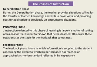 The Phases of Instruction
Generalization Phase
During the Generalization phase, the teacher provides situations calling for
the transfer of learned knowledge and skills in novel ways, and providing
cues for application to previously un-encountered situations.
Performing Phase
. Instruction oriented to this phase of learning is largely a matter of setting
occasions for the student to “show” that he has learned. Obviously, these
occasions set the stage for the feedback that comes next.
Feedback Phase
The feedback phase is one in which information is supplied to the student
concerning the extent to which his performance has reached or
approached a criterion standard reflected in his expectancy
 