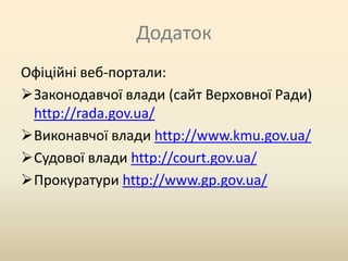 Додаток
Офіційні веб-портали:
Законодавчої влади (сайт Верховної Ради)
http://rada.gov.ua/
Виконавчої влади http://www.kmu.gov.ua/
Судової влади http://court.gov.ua/
Прокуратури http://www.gp.gov.ua/

 