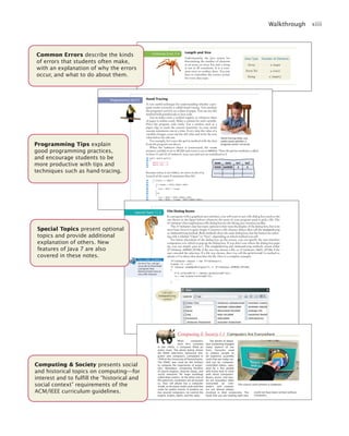 Walkthrough xiii
Length and Size
Unfortunately, the Java syntax for
determining the number of elements
in an array, an array list, and a string
is not at all consistent. It is a com-
mon error to confuse these. You just
have to remember the correct syntax
for every data type.
Common Error 7.4
Data Type Number of Elements
Array a.length
Array list a.size()
String a.length()
Common Errors describe the kinds
of errors that students often make,
with an explanation of why the errors
occur, and what to do about them.
Hand-Tracing
A very useful technique for understanding whether a pro-
gram works correctly is called hand-tracing. You simulate
the program’s activity on a sheet of paper. You can use this
method with pseudocode or Java code.
Get an index card, a cocktail napkin, or whatever sheet
of paper is within reach. Make a column for each variable.
Have the program code ready. Use a marker, such as a
paper clip, to mark the current statement. In your mind,
execute statements one at a time. Every time the value of a
variable changes, cross out the old value and write the new
value below the old one.
For example, let’s trace the getTax method with the data
from the program run above.
When the TaxReturn object is constructed, the income
instance variable is set to 80,000 and status is set to MARRIED. Then the getTax method is called.
In lines 31 and 32 of TaxReturn.java, tax1 and tax2 are initialized to 0.
29 public double getTax()
30 {
31 double tax1 = 0;
32 double tax2 = 0;
33
Programming Tip 5.5
Hand-tracing helps you
understand whether a
program works correctly.
income status tax1 tax2
80000 MARRIED 0 0
Because status is not SINGLE, we move to the else
branch of the outer if statement (line 46).
34 if (status == SINGLE)
35 {
36 if (income <= RATE1_SINGLE_LIMIT)
37 {
38 tax1 = RATE1 * income;
39 }
40 else
41 {
42 tax1 = RATE1 * RATE1_SINGLE_LIMIT;
43 tax2 = RATE2 * (income - RATE1_SINGLE_LIMIT);
44 }
45 }
46 else
47 {
File Dialog Boxes
In a program with a graphical user interface, you will want to use a file dialog box (such as the
one shown in the figure below) whenever the users of your program need to pick a file. The
JFileChooser class implements a file dialog box for the Swing user-interface toolkit.
The JFileChooser class has many options to fine-tune the display of the dialog box, but in its
most basic form it is quite simple: Construct a file chooser object; then call the showOpenDialog
or showSaveDialog method. Both methods show the same dialog box, but the button for select-
ing a file is labeled “Open” or “Save”, depending on which method you call.
For better placement of the dialog box on the screen, you can specify the user-interface
component over which to pop up the dialog box. If you don’t care where the dialog box pops
up, you can simply pass null. The showOpenDialog and showSaveDialog methods return either
JFileChooser.APPROVE_OPTION, if the user has chosen a file, or JFileChooser.CANCEL_OPTION, if the
user canceled the selection. If a file was chosen, then you call the getSelectedFile method to
obtain a File object that describes the file. Here is a complete example:
JFileChooser chooser = new JFileChooser();
Scanner in = null;
if (chooser.showOpenDialog(null) == JFileChooser.APPROVE_OPTION)
{
File selectedFile = chooser.getSelectedFile();
in = new Scanner(selectedFile);
. . .
}
Special Topic 11.2
A JFileChooser Dialog Box
Call with
showOpenDialog
method
Button is “Save” when
showSaveDialog method
is called
FULL CODE EXAMPLE
Go to wiley.com/go/
javacode to download
a program that
demonstrates how to
use a file chooser.
When computers
were first invented
in the 1940s, a computer filled an
entire room. The photo below shows
the ENIAC (electronic numerical inte-
grator and computer), completed in
1946 at the University of Pennsylvania.
The ENIAC was used by the military
to compute the trajectories of projec-
tiles. Nowadays, computing facilities
of search engines, Internet shops, and
social networks fill huge buildings
called data centers. At the other end of
the spectrum, computers are all around
us. Your cell phone has a computer
inside, as do many credit cards and fare
cards for public transit. A modern car
has several computers––to control the
engine, brakes, lights, and the radio.
This transit card contains a computer.
The advent of ubiqui-
tous computing changed
many aspects of our
lives. Factories used
to employ people to
do repetitive assembly
tasks that are today car-
ried out by computer-
controlled robots, oper-
ated by a few people
who know how to work
with those computers.
Books, music, and mov-
ies are nowadays often
consumed on com-
puters, and comput-
ers are almost always
involved in their production. The
book that you are reading right now
could not have been written without
computers.
Computing & Society 1.1 Computers Are Everywhere
Computing & Society presents social
and historical topics on computing—for
interest and to fulfill the “historical and
social context” requirements of the
ACM/IEEE curriculum guidelines.
Special Topics present optional
topics and provide additional
explanation of others. New
features of Java 7 are also
covered in these notes.
Programming Tips explain
good programming practices,
and encourage students to be
more productive with tips and
techniques such as hand-tracing.
jc7_fm_06.indd 13 10/24/12 6:11 PM
 