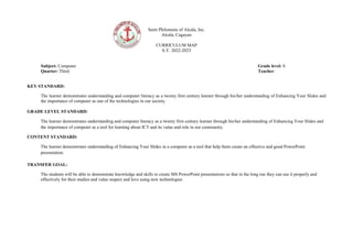 Saint Philomene of Alcala, Inc.
Alcala, Cagayan
CURRICULUM MAP
S.Y. 2022-2023
Subject: Computer Grade level: 8
Quarter: Third Teacher:
KEY STANDARD:
The learner demonstrates understanding and computer literacy as a twenty first century learner through his/her understanding of Enhancing Your Slides and
the importance of computer as one of the technologies in our society.
GRADE LEVEL STANDARD:
The learner demonstrates understanding and computer literacy as a twenty first century learner through his/her understanding of Enhancing Your Slides and
the importance of computer as a tool for learning about ICT and its value and role in our community.
CONTENT STANDARD:
The learner demonstrates understanding of Enhancing Your Slides in a computer as a tool that help them create an effective and good PowerPoint
presentation.
TRANSFER GOAL:
The students will be able to demonstrate knowledge and skills to create MS PowerPoint presentations so that in the long run they can use it properly and
effectively for their studies and value respect and love using new technologies
 