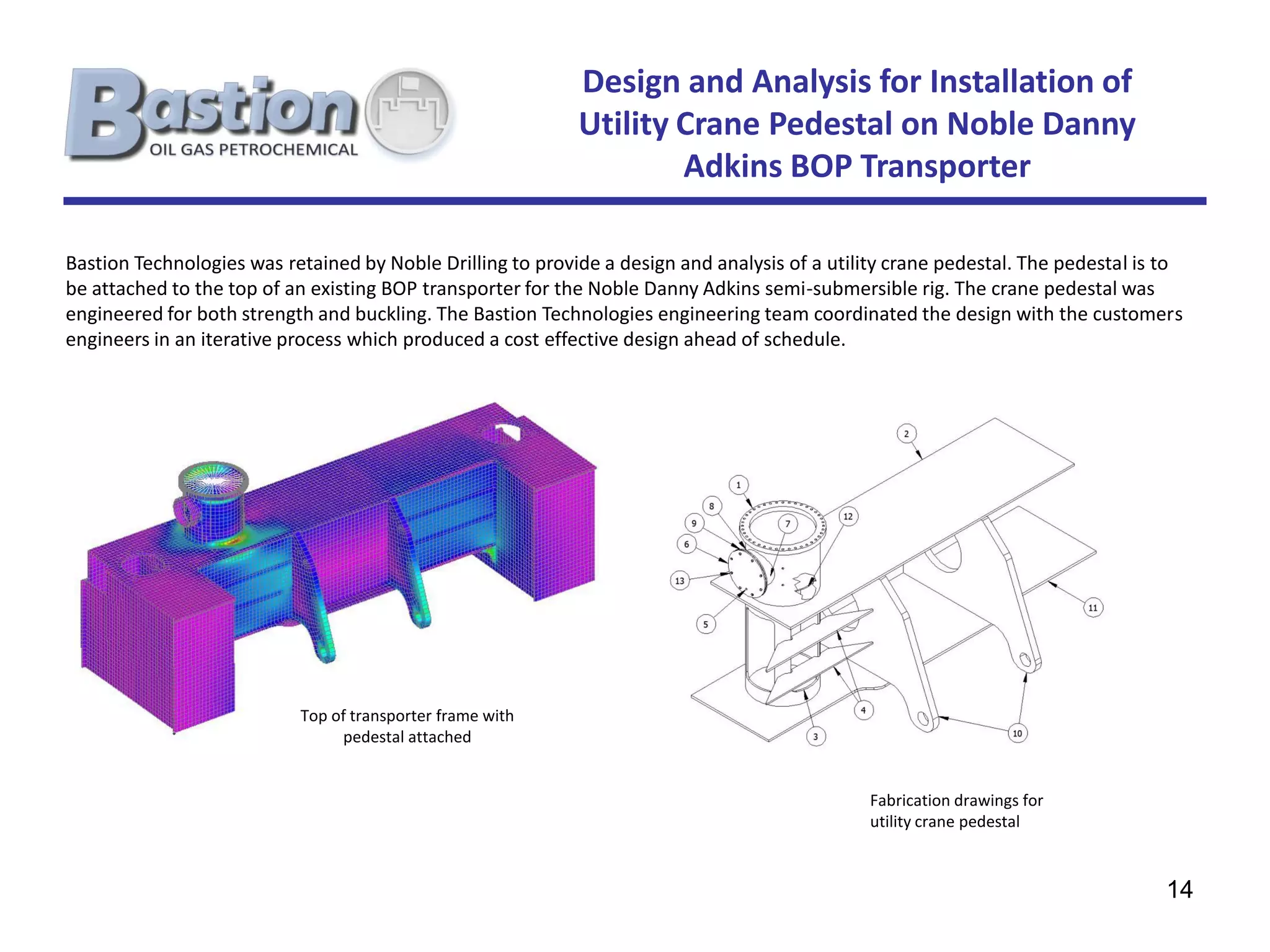 Design and Analysis for Installation of
                                                            Utility Crane Pedestal on Noble Danny
                                                                    Adkins BOP Transporter

Bastion Technologies was retained by Noble Drilling to provide a design and analysis of a utility crane pedestal. The pedestal is to
be attached to the top of an existing BOP transporter for the Noble Danny Adkins semi-submersible rig. The crane pedestal was
engineered for both strength and buckling. The Bastion Technologies engineering team coordinated the design with the customers
engineers in an iterative process which produced a cost effective design ahead of schedule.




                           Top of transporter frame with
                                pedestal attached


                                                                                               Fabrication drawings for
                                                                                               utility crane pedestal



                                                                                                                                  14
 