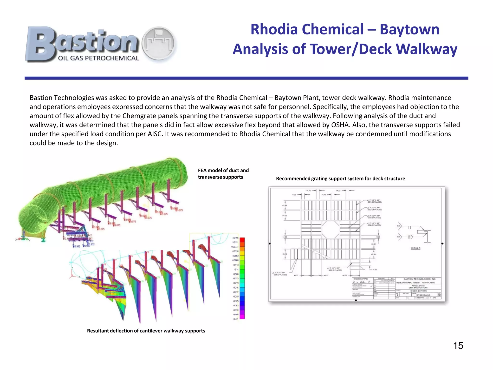 Rhodia Chemical – Baytown
                                                                               Analysis of Tower/Deck Walkway

Bastion Technologies was asked to provide an analysis of the Rhodia Chemical – Baytown Plant, tower deck walkway. Rhodia maintenance
and operations employees expressed concerns that the walkway was not safe for personnel. Specifically, the employees had objection to the
amount of flex allowed by the Chemgrate panels spanning the transverse supports of the walkway. Following analysis of the duct and
walkway, it was determined that the panels did in fact allow excessive flex beyond that allowed by OSHA. Also, the transverse supports failed
under the specified load condition per AISC. It was recommended to Rhodia Chemical that the walkway be condemned until modifications
could be made to the design.


                                                                 FEA model of duct and
                                                                 transverse supports     Recommended grating support system for deck structure




                  Resultant deflection of cantilever walkway supports

                                                                                                                                                 15
 