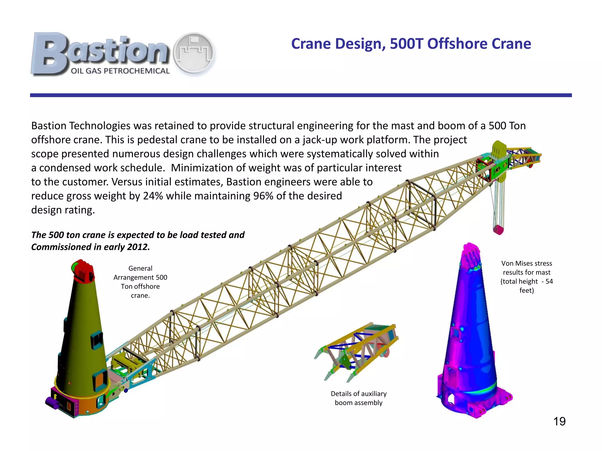 Crane Design, 500T Offshore Crane



Bastion Technologies was retained to provide structural engineering for the mast and boom of a 500 Ton
offshore crane. This is pedestal crane to be installed on a jack-up work platform. The project
scope presented numerous design challenges which were systematically solved within
a condensed work schedule. Minimization of weight was of particular interest
to the customer. Versus initial estimates, Bastion engineers were able to
reduce gross weight by 24% while maintaining 96% of the desired
design rating.

The 500 ton crane is expected to be load tested and
Commissioned in early 2012.
                                                                                                Von Mises stress
                       General
                                                                                                 results for mast
                   Arrangement 500
                                                                                                (total height - 54
                     Ton offshore
                                                                                                       feet)
                        crane.




                                                             Details of auxiliary
                                                              boom assembly

                                                                                                                 19
 