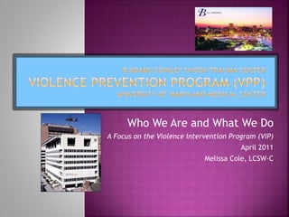 Who We Are and What We Do
A Focus on the Violence Intervention Program (VIP)
April 2011
Melissa Cole, LCSW-C
 
