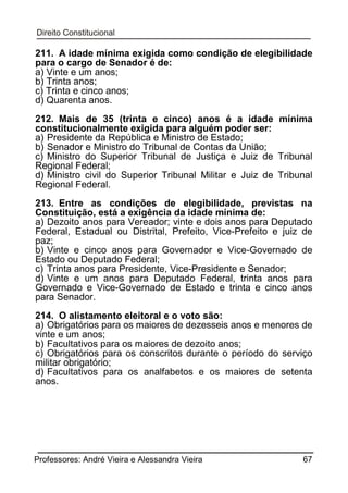 211. A idade mínima exigida como condição de elegibilidade
para o cargo de Senador é de:
a) Vinte e um anos;
b) Trinta anos;
c) Trinta e cinco anos;
d) Quarenta anos.
212. Mais de 35 (trinta e cinco) anos é a idade mínima
constitucionalmente exigida para alguém poder ser:
a) Presidente da República e Ministro de Estado;
b) Senador e Ministro do Tribunal de Contas da União;
c) Ministro do Superior Tribunal de Justiça e Juiz de Tribunal
Regional Federal;
d) Ministro civil do Superior Tribunal Militar e Juiz de Tribunal
Regional Federal.
213. Entre as condições de elegibilidade, previstas na
Constituição, está a exigência da idade mínima de:
a) Dezoito anos para Vereador; vinte e dois anos para Deputado
Federal, Estadual ou Distrital, Prefeito, Vice-Prefeito e juiz de
paz;
b) Vinte e cinco anos para Governador e Vice-Governado de
Estado ou Deputado Federal;
c) Trinta anos para Presidente, Vice-Presidente e Senador;
d) Vinte e um anos para Deputado Federal, trinta anos para
Governado e Vice-Governado de Estado e trinta e cinco anos
para Senador.
214. O alistamento eleitoral e o voto são:
a) Obrigatórios para os maiores de dezesseis anos e menores de
vinte e um anos;
b) Facultativos para os maiores de dezoito anos;
c) Obrigatórios para os conscritos durante o período do serviço
militar obrigatório;
d) Facultativos para os analfabetos e os maiores de setenta
anos.

Professores: André Vieira e Alessandra Vieira

67

 