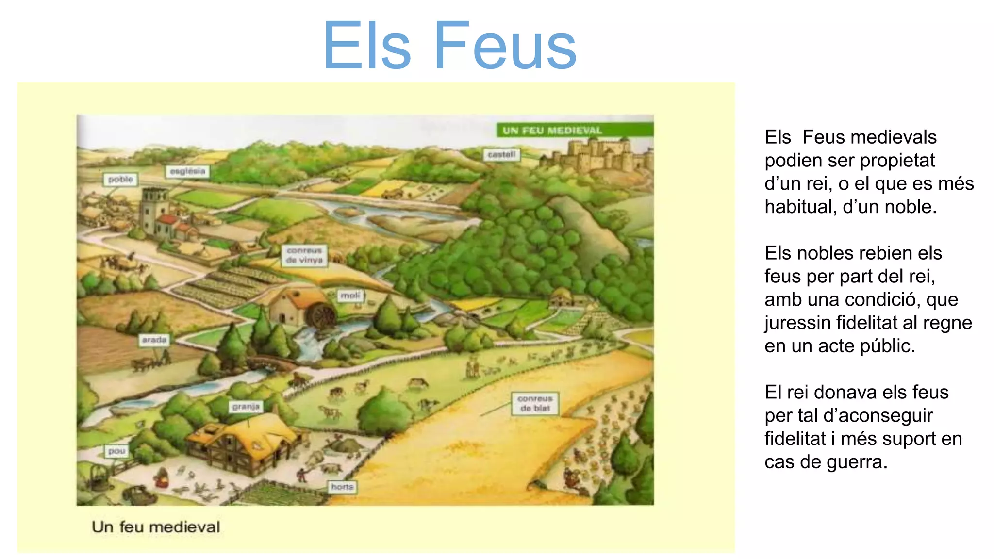 Els Feus
MEDIEVALS Els Feus medievals
podien ser propietat
d’un rei, o el que es més
habitual, d’un noble.
Els nobles rebien els
feus per part del rei,
amb una condició, que
juressin fidelitat al regne
en un acte públic.
El rei donava els feus
per tal d’aconseguir
fidelitat i més suport en
cas de guerra.
 