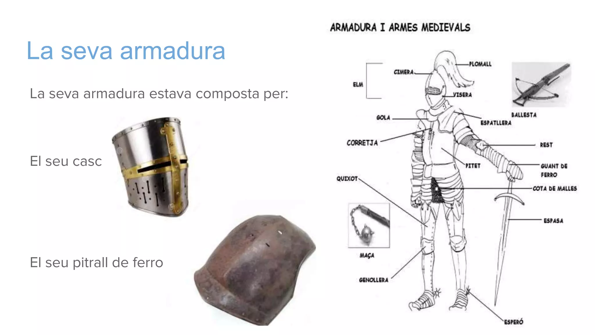 La seva armadura
La seva armadura estava composta per:
El seu casc
El seu pitrall de ferro
 