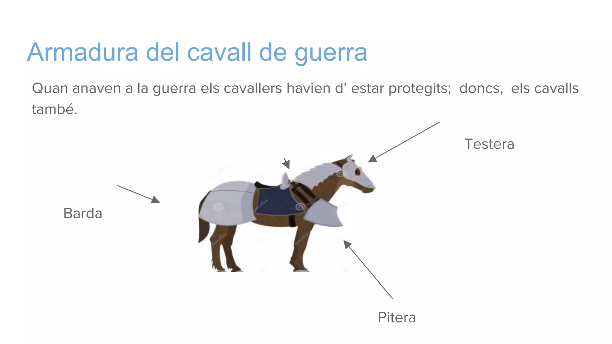 Armadura del cavall de guerra
Quan anaven a la guerra els cavallers havien d’ estar protegits; doncs, els cavalls
també.
Testera
Capizana
Barda
Pitera
 