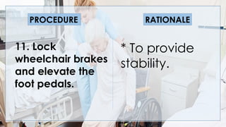 V
11. Lock
wheelchair brakes
and elevate the
foot pedals.
* To provide
stability.
PROCEDURE RATIONALE
 