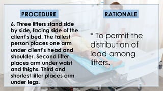 V
6. Three lifters stand side
by side, facing side of the
client’s bed. The tallest
person places one arm
under client’s head and
shoulder. Second lifter
places arm under waist
and thighs. Third and
shortest lifter places arm
under legs.
PROCEDURE RATIONALE
* To permit the
distribution of
load among
lifters.
 