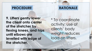 V
9. Lifters gently lower
the client onto center
of the stretcher by
flexing knees, and hips
until elbows are
levelled with edge of
the stretcher.
PROCEDURE RATIONALE
* To coordinate
activity; use of
clients’ body
weight reduces
load on lifters.
 