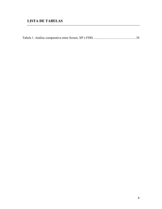8
LISTA DE TABELAS
Tabela 1. Análise comparativa entre Scrum, XP e FDD......................................................38
 