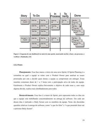 19
Figura 1. Esquema de um dashboard no meio de uma sprint, mostrando tarefas a fazer, em processo, a
verificar e finalizada. [13]
2.2.2 Fases
Planejamento: Essa fase marca o início de uma nova Sprint. O Sprint Planning é a
cerimônia na qual a equipe se reúne com o Product Owner para analisar as issues
priorizadas por este e decidir quais destas a equipe se compromete em entregar. Essas
reuniões costumam durar de 1 a 3 horas com a participação ativa de todos da equipe.
Geralmente o Product Owner explica brevemente o objetivo de cada issue e, caso surja
alguma dúvida, explica mais detalhadamente para todos.
Desenvolvimento: Essa fase é a maior do Sprint, pois representa todos os dias em
que a equipe está trabalhando concentradamente na entrega do software. Em cada um
desses dias é realizado o Daily Scrum com os membros da equipe. Neste são discutidas
questões relativas à entrega do software, como “o que foi feito” e “o que pretendo fazer até
o próximo Daily Scrum”.
 