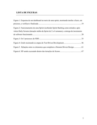7
LISTA DE FIGURAS
Figura 1. Esquema de um dashboard no meio de uma sprint, mostrando tarefas a fazer, em
processo, a verificar e finalizada ..........................................................................................19
Figura 2. Funcionamento de uma Sprint recebendo Sprint Backlog como entrada e após
vários Daily Scrums (duração média da Sprint de 2 a 4 semanas), a entrega do incremento
de software funcionando.......................................................................................................20
Figura 3. Os 5 processos do FDD.........................................................................................35
Figura 4. Grafo mostrando as etapas do Test Driven Development.....................................46
Figura 5. Relações entre os elementos que compõem o Domain Driven Design................61
Figura 6. XP sendo executado dentro das iterações do Scrum.............................................67
 