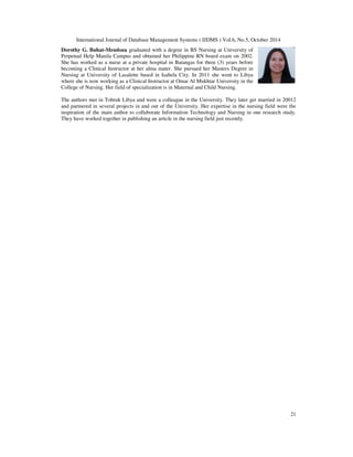 International Journal of Database Management Systems ( IJDMS ) Vol.6, No.5, October 2014 
21 
Dorothy G. Buhat-Mendoza graduated with a degree in BS Nursing at University of 
Perpetual Help Manila Campus and obtained her Philippine RN board exam on 2002. 
She has worked as a nurse at a private hospital in Batangas for three (3) years before 
becoming a Clinical Instructor at her alma mater. She pursued her Masters Degree in 
Nursing at University of Lasalette based in Isabela City. In 2011 she went to Libya 
where she is now working as a Clinical Instructor at Omar Al Mukhtar University in the 
College of Nursing. Her field of specialization is in Maternal and Child Nursing. 
The authors met in Tobruk Libya and were a colleague in the University. They later get married in 20012 
and partnered in several projects in and out of the University. Her expertise in the nursing field were the 
inspiration of the main author to collaborate Information Technology and Nursing in one research study. 
They have worked together in publishing an article in the nursing field just recently. 
