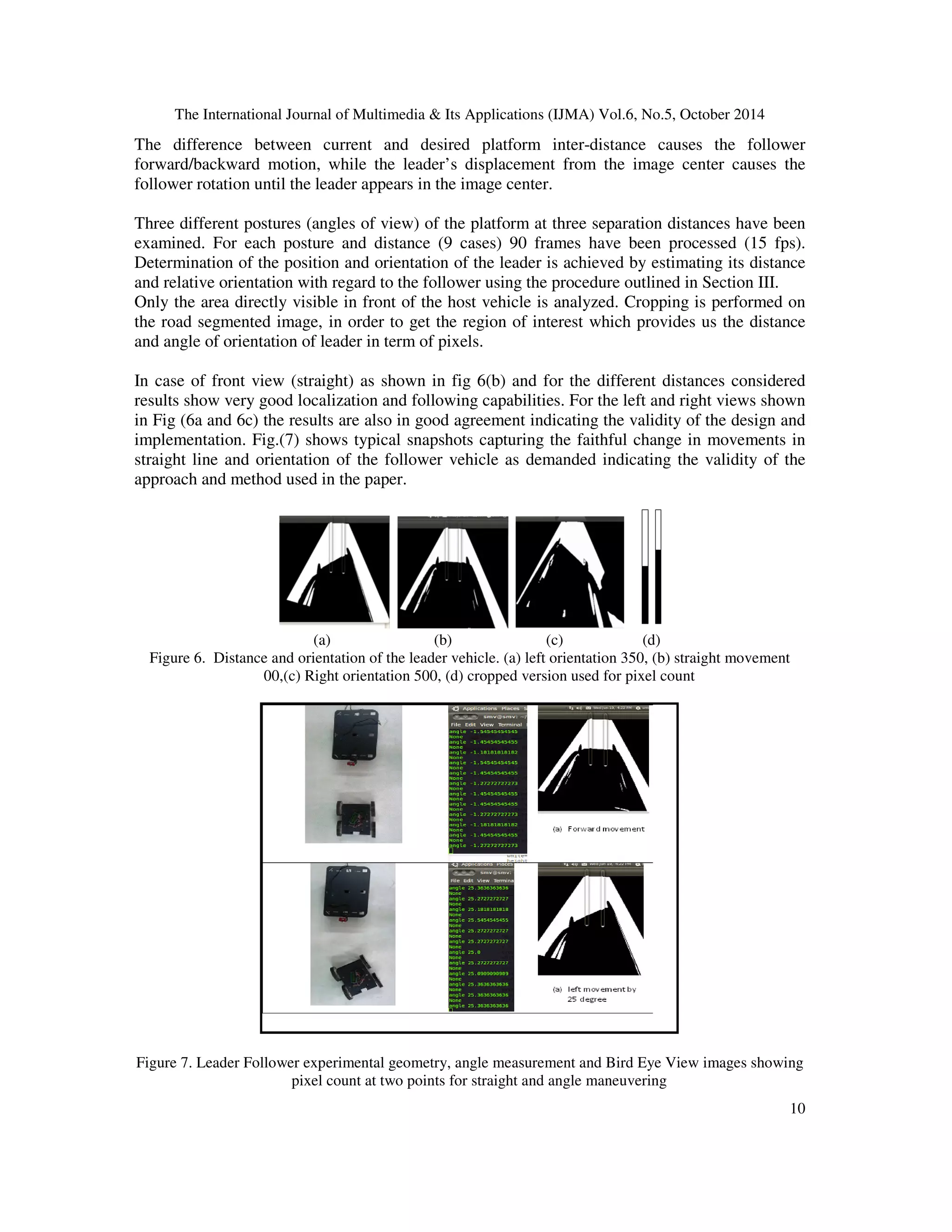 The International Journal of Multimedia  Its Applications (IJMA) Vol.6, No.5, October 2014 
The difference between current and desired platform inter-distance causes the follower 
forward/backward motion, while the leader’s displacement from the image center causes the 
follower rotation until the leader appears in the image center. 
Three different postures (angles of view) of the platform at three separation distances have been 
examined. For each posture and distance (9 cases) 90 frames have been processed (15 fps). 
Determination of the position and orientation of the leader is achieved by estimating its distance 
and relative orientation with regard to the follower using the procedure outlined in Section III. 
Only the area directly visible in front of the host vehicle is analyzed. Cropping is performed on 
the road segmented image, in order to get the region of interest which provides us the distance 
and angle of orientation of leader in term of pixels. 
In case of front view (straight) as shown in fig 6(b) and for the different distances considered 
results show very good localization and following capabilities. For the left and right views shown 
in Fig (6a and 6c) the results are also in good agreement indicating the validity of the design and 
implementation. Fig.(7) shows typical snapshots capturing the faithful change in movements in 
straight line and orientation of the follower vehicle as demanded indicating the validity of the 
approach and method used in the paper. 
10 
(a) (b) (c) (d) 
Figure 6. Distance and orientation of the leader vehicle. (a) left orientation 350, (b) straight movement 
00,(c) Right orientation 500, (d) cropped version used for pixel count 
Figure 7. Leader Follower experimental geometry, angle measurement and Bird Eye View images showing 
pixel count at two points for straight and angle maneuvering 
 
