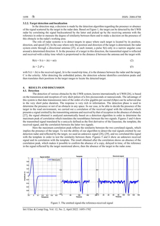  ISSN: 2088-8708
Int J Elec & Comp Eng, Vol. 12, No. 2, April 2022: 1695-1702
1698
3.2.2. Target detection and localization
In the detection step, a decision is made by the detection algorithm regarding the presence or absence
of the signal scattered by the target in the radar data. Based on Figure 1, the target can be detected by the UWB
radar by correlating the signal backscattered by the latter and picked up by the receiving antenna with the
reference in order to measure the degree of similarity between them and to make a decision on the presence of
this obstacle in the radar's working area.
The role of radar systems is to detect targets in space where each target is located by its position,
direction, and speed [24]. In the case where only the position and direction of the target is determined, the radar
system emits through a directional antenna [25], at each instant, a pulse S(t) only in a narrow angular cone
around a determined direction . In the presence of a target in this direction, the transmitted signal is reflected
and received with a delay time which is proportional to the distance d between the antenna and the target with:
R(t) = S (t + Δt) + n(t) (2)
Δt = 2 d* c (3)
with S (t + Δt) is the received signal, Δt is the round-trip time, d is the distance between the radar and the target,
C is the celerity. After detecting the embedded pulses, the detection scheme identifies correlation peaks and
then translates their positions in the target ranges to locate the detected target.
4. RESULTS AND DISCUSSION
4.1. Detection
The detection of various obstacles by the UWB system, known internationally as UWB [26], is based
on the transmission and reception of very short pulses of a few picoseconds or nanoseconds. The advantage of
this system is that data transmission rates of the order of a few gigabits per second (Gbps) can be achieved due
to the very short pulse duration. The response is very rich in information. The detection phase is used to
determine the presence or not of an obstacle in any space. In our case, to be able to decide the presence of the
target in the road environment, we carried out a correlation of the received signal with the reference which
presents a signal emitted by the transmitting antenna and received by that of reception in the absence of obstacle
[27], the signal obtained is analyzed automatically based on a detection algorithm in order to determine the
maximum peak of correlation which translates the resemblance between the two signals. Figures 3 and 4 show
the transmitted signal translated by a unicycle defined as the first derivative of the Gaussian, the template, the
received signal, and the correlation between the latter two signals.
Here the maximum correlation peak reflects the similarity between the two correlated signals, which
implies the presence of the target. To test the ability of our algorithm to detect the real signals emitted by our
detection radar and reflected by the target, we used an unknown signal [28], [29], and we correlated this signal
with the template in order to test the similarity between them. Figures 5 and 6 show an unknown received
signal and its correlation with the template. The result obtained after the correlation shows an absence of the
correlation peak, which makes it possible to confirm the absence of a copy, delayed in time, of the reference
in the signal reflected by the target mentioned above, then the absence of the target in the radar zone.
Figure 3. The emitted signal-the reference-received signal
 