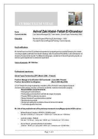 _____________________________________________________________________
Page 1 of 4
CURRICULUM VITAE
Name AshrafZaki Abdel-Fattah El-Ghandour
CurrentJobtitle: Cost SectionManager/QS Team leader -ZuhairFayez Partnership(KSA)
Education BachelorDegreeofPlanning&urbandesign –1992
FacultyofUrbanandRegionalPlanning-Cairo University
KeyQualifications
Mr.Ashraf hasmorethan22professionalexperienceinpreparingvariousquantitySurveyingdocuments
includingbudgetaryestimatesfromsketchdrawings,billsofQuantities/PricedBills/costsestimatesfor all
divisions,ReviewtenderreportsFordifferentbuildingtypes,assistanceatValuesEngineeringreports,as
wellasagoodexperienceinconstructionsupervision
Value of projects: SR70Billion
Professional experience:
Zuhair Fayez Partnership (ZFP) (March 2005 – Present)
Position:ManagerofCostSection/QSTeamleader (June2008 -Present)
Position:SeniorQS&CostEngineer (March 2005-May2008)
A Full-Timejobforalargeengineeringconsultancyoffice,Workedinvarioustypesofprojects
(Governmental,palaces,airports,commercial,residential,medicalandeducationprojects).
Responsibilitiesand achievements:
• ManagingofCost&QSteam
• Participating andreviewtheCostEstimate stagesforprojects.
• PreparePBOQ andtenderdocument.
• Reviewthetakeoff quantitiesbeforesubmitted
• Studytenderdocuments
• Arrangingtogettingthequotationsofseveralitemsandmaterials
• Technicalsupportfortheclient.
Mr.Ashrafhaspracticed mostofthepreviousprocessesin manyMegaprojects inKSAsuch as:
o MilitaryMedicalComplexinRIYADH( GDMWproject)
(Site area = 8,000,000 sq.m. / built up area = 1,760,000 sq.m. / Construction cost = SR 9 billion)
o Judicialcomplex–Makkah
(Site area = 110,000 sq.m. / built up area = 258,000 sq.m. / Construction cost = SR 1.2billion)
o Al-JoufAirport- generalauthorityofcivilaviation
(Sitearea = 180,000 sq.m. / built up area = 48,000 sq.m. / Construction cost = SR 980 Million)
 