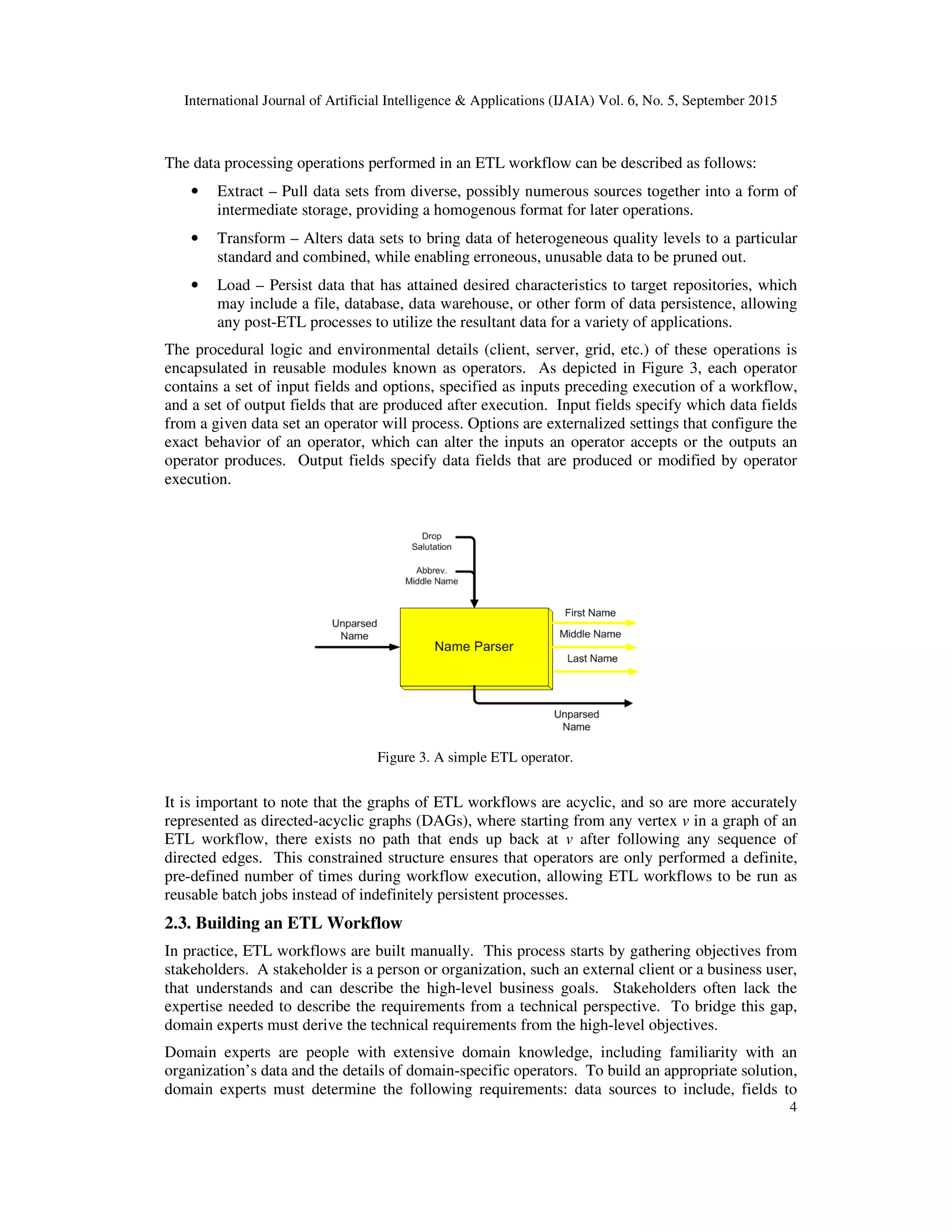 International Journal of Artificial Intelligence & Applications (IJAIA) Vol. 6, No. 5, September 2015
4
The data processing operations performed in an ETL workflow can be described as follows:
• Extract – Pull data sets from diverse, possibly numerous sources together into a form of
intermediate storage, providing a homogenous format for later operations.
• Transform – Alters data sets to bring data of heterogeneous quality levels to a particular
standard and combined, while enabling erroneous, unusable data to be pruned out.
• Load – Persist data that has attained desired characteristics to target repositories, which
may include a file, database, data warehouse, or other form of data persistence, allowing
any post-ETL processes to utilize the resultant data for a variety of applications.
The procedural logic and environmental details (client, server, grid, etc.) of these operations is
encapsulated in reusable modules known as operators. As depicted in Figure 3, each operator
contains a set of input fields and options, specified as inputs preceding execution of a workflow,
and a set of output fields that are produced after execution. Input fields specify which data fields
from a given data set an operator will process. Options are externalized settings that configure the
exact behavior of an operator, which can alter the inputs an operator accepts or the outputs an
operator produces. Output fields specify data fields that are produced or modified by operator
execution.
It is important to note that the graphs of ETL workflows are acyclic, and so are more accurately
represented as directed-acyclic graphs (DAGs), where starting from any vertex v in a graph of an
ETL workflow, there exists no path that ends up back at v after following any sequence of
directed edges. This constrained structure ensures that operators are only performed a definite,
pre-defined number of times during workflow execution, allowing ETL workflows to be run as
reusable batch jobs instead of indefinitely persistent processes.
2.3. Building an ETL Workflow
In practice, ETL workflows are built manually. This process starts by gathering objectives from
stakeholders. A stakeholder is a person or organization, such an external client or a business user,
that understands and can describe the high-level business goals. Stakeholders often lack the
expertise needed to describe the requirements from a technical perspective. To bridge this gap,
domain experts must derive the technical requirements from the high-level objectives.
Domain experts are people with extensive domain knowledge, including familiarity with an
organization’s data and the details of domain-specific operators. To build an appropriate solution,
domain experts must determine the following requirements: data sources to include, fields to
Figure 3. A simple ETL operator.
 