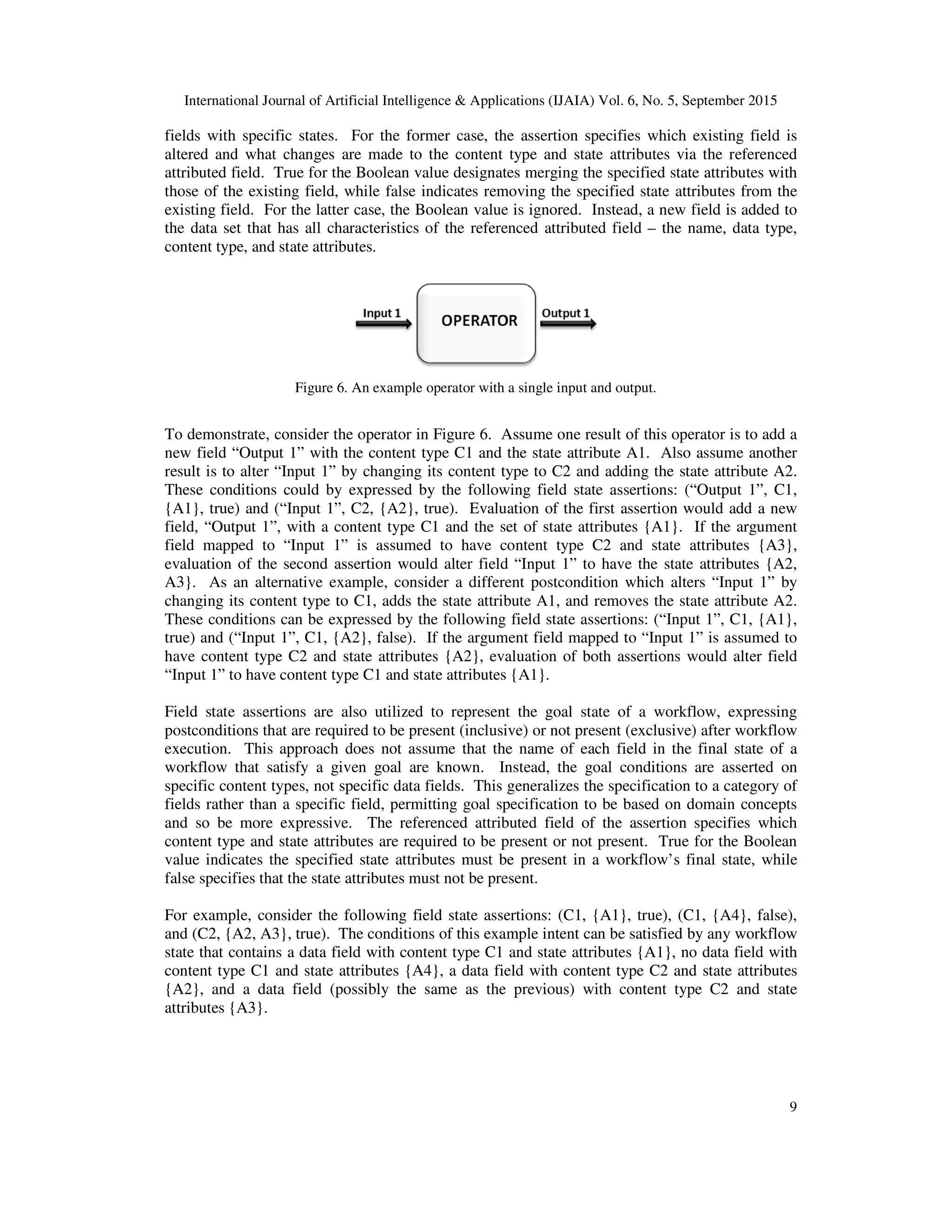 International Journal of Artificial Intelligence & Applications (IJAIA) Vol. 6, No. 5, September 2015
9
fields with specific states. For the former case, the assertion specifies which existing field is
altered and what changes are made to the content type and state attributes via the referenced
attributed field. True for the Boolean value designates merging the specified state attributes with
those of the existing field, while false indicates removing the specified state attributes from the
existing field. For the latter case, the Boolean value is ignored. Instead, a new field is added to
the data set that has all characteristics of the referenced attributed field – the name, data type,
content type, and state attributes.
To demonstrate, consider the operator in Figure 6. Assume one result of this operator is to add a
new field “Output 1” with the content type C1 and the state attribute A1. Also assume another
result is to alter “Input 1” by changing its content type to C2 and adding the state attribute A2.
These conditions could by expressed by the following field state assertions: (“Output 1”, C1,
{A1}, true) and (“Input 1”, C2, {A2}, true). Evaluation of the first assertion would add a new
field, “Output 1”, with a content type C1 and the set of state attributes {A1}. If the argument
field mapped to “Input 1” is assumed to have content type C2 and state attributes {A3},
evaluation of the second assertion would alter field “Input 1” to have the state attributes {A2,
A3}. As an alternative example, consider a different postcondition which alters “Input 1” by
changing its content type to C1, adds the state attribute A1, and removes the state attribute A2.
These conditions can be expressed by the following field state assertions: (“Input 1”, C1, {A1},
true) and (“Input 1”, C1, {A2}, false). If the argument field mapped to “Input 1” is assumed to
have content type C2 and state attributes {A2}, evaluation of both assertions would alter field
“Input 1” to have content type C1 and state attributes {A1}.
Field state assertions are also utilized to represent the goal state of a workflow, expressing
postconditions that are required to be present (inclusive) or not present (exclusive) after workflow
execution. This approach does not assume that the name of each field in the final state of a
workflow that satisfy a given goal are known. Instead, the goal conditions are asserted on
specific content types, not specific data fields. This generalizes the specification to a category of
fields rather than a specific field, permitting goal specification to be based on domain concepts
and so be more expressive. The referenced attributed field of the assertion specifies which
content type and state attributes are required to be present or not present. True for the Boolean
value indicates the specified state attributes must be present in a workflow’s final state, while
false specifies that the state attributes must not be present.
For example, consider the following field state assertions: (C1, {A1}, true), (C1, {A4}, false),
and (C2, {A2, A3}, true). The conditions of this example intent can be satisfied by any workflow
state that contains a data field with content type C1 and state attributes {A1}, no data field with
content type C1 and state attributes {A4}, a data field with content type C2 and state attributes
{A2}, and a data field (possibly the same as the previous) with content type C2 and state
attributes {A3}.
Figure 6. An example operator with a single input and output.
 
