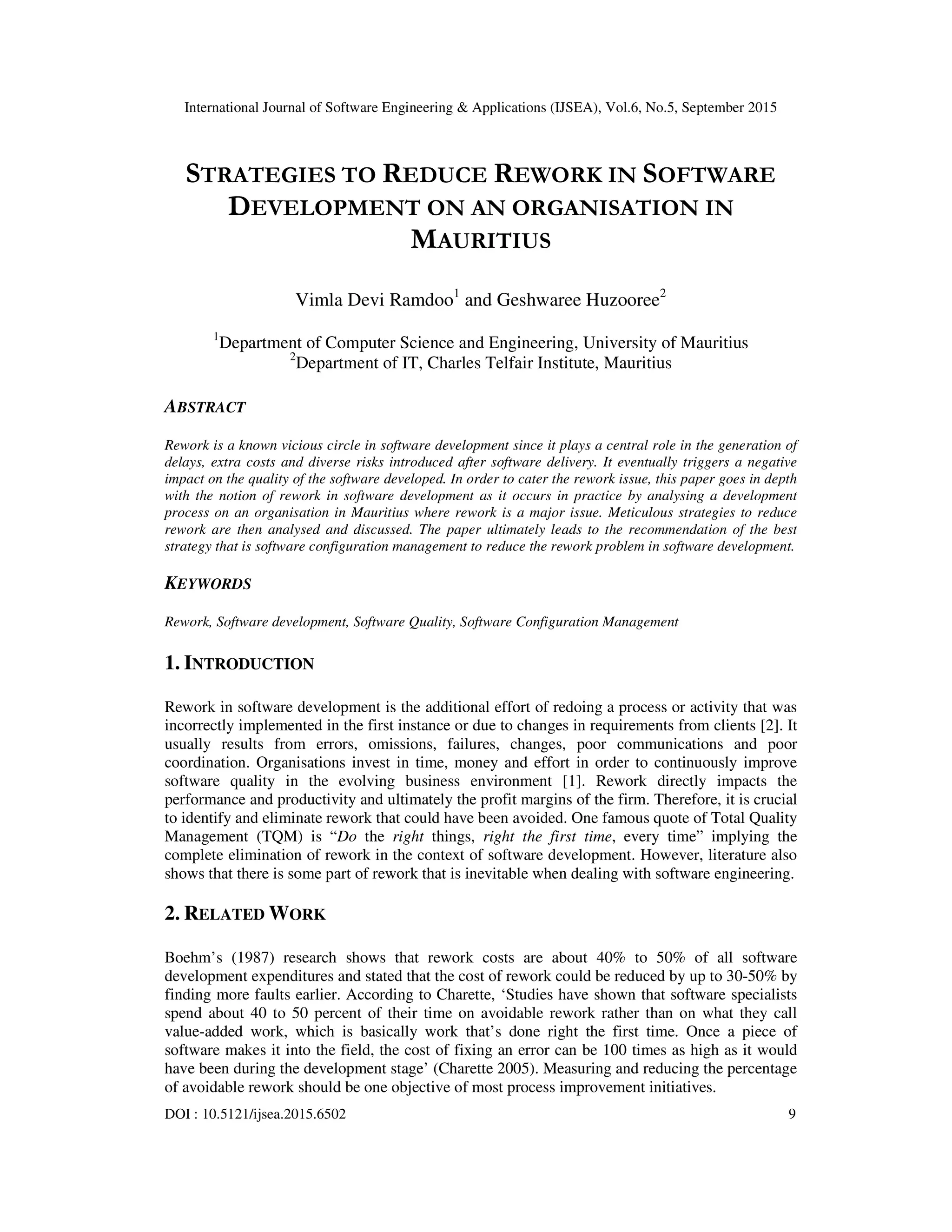 STRATEGIES TO REDUCE REWORK IN SOFTWARE DEVELOPMENT ON AN ORGANISATION ...