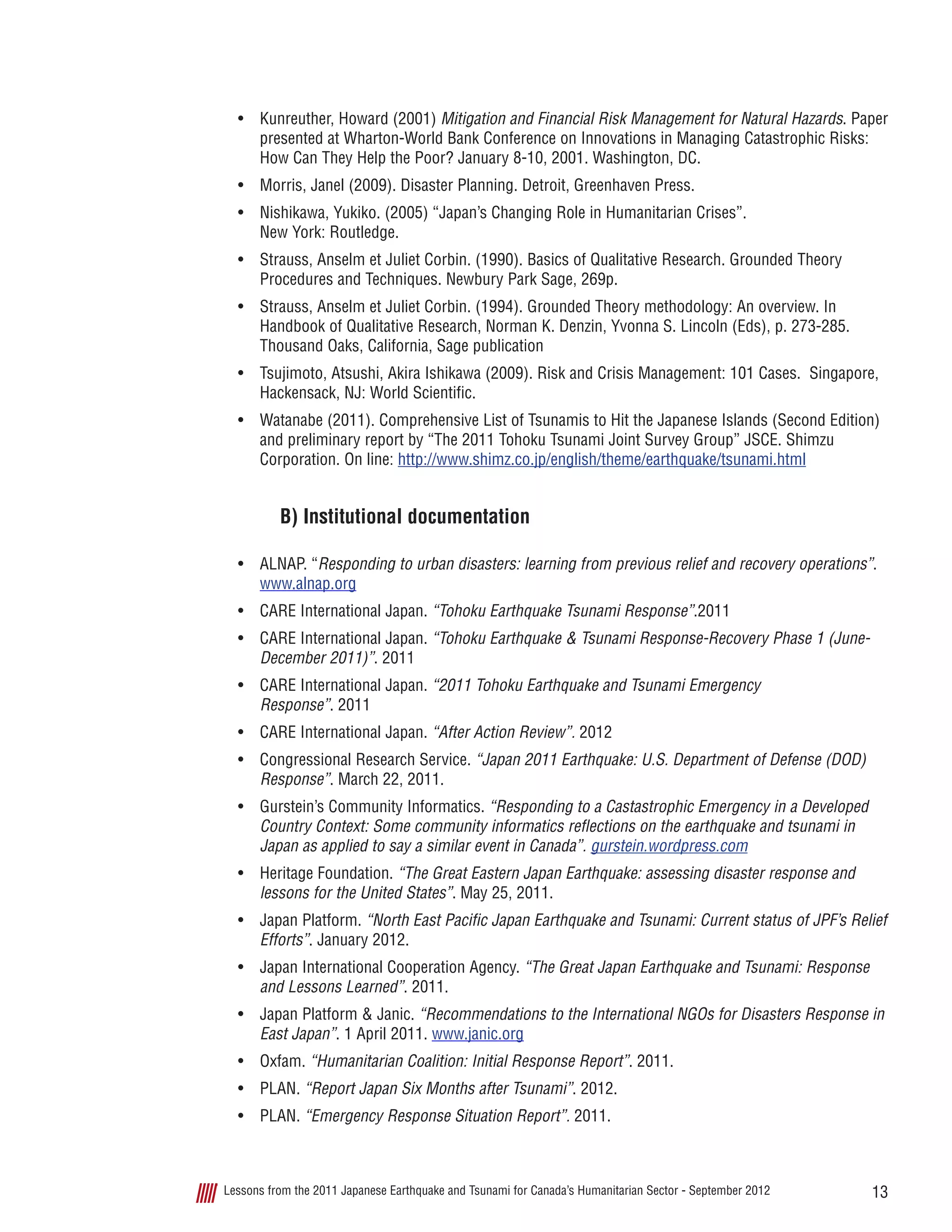 13Lessons from the 2011 Japanese Earthquake and Tsunami for Canada’s Humanitarian Sector - September 2012
•	 Kunreuther, Howard (2001) Mitigation and Financial Risk Management for Natural Hazards. Paper
presented at Wharton-World Bank Conference on Innovations in Managing Catastrophic Risks:
How Can They Help the Poor? January 8-10, 2001. Washington, DC.
•	 Morris, Janel (2009). Disaster Planning. Detroit, Greenhaven Press.
•	 Nishikawa, Yukiko. (2005) “Japan’s Changing Role in Humanitarian Crises”.
New York: Routledge.
•	 Strauss, Anselm et Juliet Corbin. (1990). Basics of Qualitative Research. Grounded Theory
Procedures and Techniques. Newbury Park Sage, 269p.
•	 Strauss, Anselm et Juliet Corbin. (1994). Grounded Theory methodology: An overview. In
Handbook of Qualitative Research, Norman K. Denzin, Yvonna S. Lincoln (Eds), p. 273-285.
Thousand Oaks, California, Sage publication
•	 Tsujimoto, Atsushi, Akira Ishikawa (2009). Risk and Crisis Management: 101 Cases. Singapore,
Hackensack, NJ: World Scientific.
•	 Watanabe (2011). Comprehensive List of Tsunamis to Hit the Japanese Islands (Second Edition)
and preliminary report by “The 2011 Tohoku Tsunami Joint Survey Group” JSCE. Shimzu
Corporation. On line: http://www.shimz.co.jp/english/theme/earthquake/tsunami.html
B) Institutional documentation
•	 ALNAP. “Responding to urban disasters: learning from previous relief and recovery operations”.
www.alnap.org
•	 CARE International Japan. “Tohoku Earthquake Tsunami Response”.2011
•	 CARE International Japan. “Tohoku Earthquake & Tsunami Response-Recovery Phase 1 (June-
December 2011)”. 2011
•	 CARE International Japan. “2011 Tohoku Earthquake and Tsunami Emergency
Response”. 2011
•	 CARE International Japan. “After Action Review”. 2012
•	 Congressional Research Service. “Japan 2011 Earthquake: U.S. Department of Defense (DOD)
Response”. March 22, 2011.
•	 Gurstein’s Community Informatics. “Responding to a Castastrophic Emergency in a Developed
Country Context: Some community informatics reflections on the earthquake and tsunami in
Japan as applied to say a similar event in Canada”. gurstein.wordpress.com
•	 Heritage Foundation. “The Great Eastern Japan Earthquake: assessing disaster response and
lessons for the United States”. May 25, 2011.
•	 Japan Platform. “North East Pacific Japan Earthquake and Tsunami: Current status of JPF’s Relief
Efforts”. January 2012.
•	 Japan International Cooperation Agency. “The Great Japan Earthquake and Tsunami: Response
and Lessons Learned”. 2011.
•	 Japan Platform & Janic. “Recommendations to the International NGOs for Disasters Response in
East Japan”. 1 April 2011. www.janic.org
•	 Oxfam. “Humanitarian Coalition: Initial Response Report”. 2011.
•	 PLAN. “Report Japan Six Months after Tsunami”. 2012.
•	 PLAN. “Emergency Response Situation Report”. 2011.
 