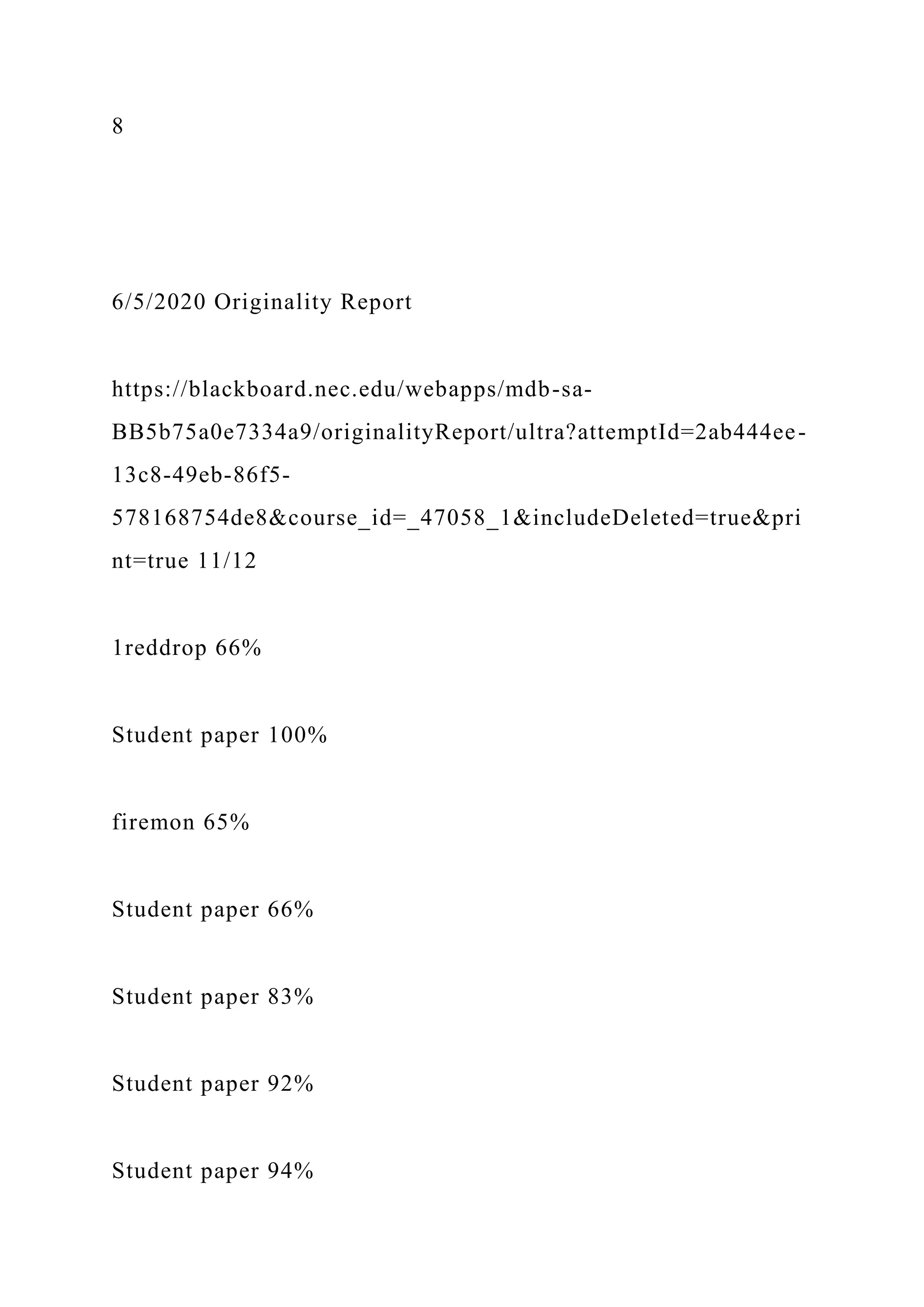8
6/5/2020 Originality Report
https://blackboard.nec.edu/webapps/mdb-sa-
BB5b75a0e7334a9/originalityReport/ultra?attemptId=2ab444ee-
13c8-49eb-86f5-
578168754de8&course_id=_47058_1&includeDeleted=true&pri
nt=true 11/12
1reddrop 66%
Student paper 100%
firemon 65%
Student paper 66%
Student paper 83%
Student paper 92%
Student paper 94%
 
