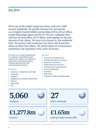 2
Our firm
We share our strong commitments
to corporate responsibility with
many of our clients; we collaborate
with them on pro bono projects,
volunteering, diversity and
environmental activities.
Practices
•	 Antitrust, competition and trade
•	 Corporate
•	 Disputes
•	 Employment, pensions and benefits
•	 Finance
•	 Real estate
•	 Tax
Sectors
•	 Consumer and healthcare
•	 Energy and natural resources
•	 Financial institutions
•	 Global financial investors
•	 Infrastructure and transport
•	 General industrial
•	 Pro bono
•	 Real estate
•	 Telecoms, media and technology
We’re one of the world’s largest law firms, with over 2,500
lawyers worldwide. We provide business law and operate
as an English limited liability partnership (LLP) in all our offices
except Hong Kong, Japan and the US. We are a collegiate firm
and have no head office; all 27 offices work together in the best
interests of our clients. We want to be known as ‘the worldwide
firm’. We partner with world-class law firms with know-how
where we don’t have offices. We advise clients on transactional,
contentious and regulatory work across all sectors.
5,060employees
27offices worldwide
£1,277.8m
turnover
£1.65m
profit per equity partner (PEP)
 