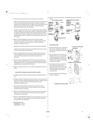 08/09/29 19:49:15 35Z5K603_011



                                                                                          6. Vuelva a montar el filtro de aire, y apriete con seguridad la tuerca de
    5. Limpie los elementos del filtro de aire si debe volver a utilizarlos.                 aletas.
                                                                                                 TIPO DE BAÑO EN ACEITE              TIPO DE FILTRO DE ELEMENTO
                                                                                                                                     SENCILLO
      Elemento de papel del filtro de aire: Golpee varias veces el elemento del
                                                                                          TUERCA DE                    TAPA          TUERCA DE
      filtro contra una superficie dura para sacar la suciedad, o sople aire              MARIPOSA                                   MARIPOSA
      comprimido [sin exceder 207 kPa, (2,1 kgf/cm )] por el elemento del filtro          TAPA DEL                                   TAPA DEL FILTRO
      desde el interior. No trate nunca de cepillar la suciedad; el cepillo               FILTRO DE                                  DE AIRE
                                                                                          AIRE
      forzaría la suciedad al interior de las fibras.
                                                                                          ELEMENTO
                                                                                          DE ESPUMA
      Elemento de espuma del filtro de aire: Límpielo en agua tibia con jabón,            DEL FILTRO                                 ELEMENTO DE
                                                                                                                                     ESPUMA DEL
      aclárelo y espere a que se seque por completo. También podrá limpiarlo              REJILLA
                                                                                                                                     FILTRO
      en solvente ininflamable y dejarlo secar. Sumerja el elemento del filtro
                                                                                                                        LANA DE      REJILLA
      en aceite de motor limpio, y luego exprima todo el aceite excesivo. Si se           CAJA DEL                      ACERO
                                                                                          FILTRO DE AIRE
      deja demasiado aceite en la espuma, el motor producirá humo cuando
      se arranque.
                                                                                                                   NIVEL DE ACEITE
    6. SÓLO EL TIPO CICLÓNICO: Extraiga los tres tornillos de cabeza
       troncocónica de la tapa del filtro primario, y extraiga entonces la caja
       ciclónica y la guía de aire. Lave las partes con agua, séquelas por
       completo, y vuélvalas a montar.
                                                                                            Tipos de bajo perfil
      Asegúrese de instalar la guía de aire como se muestra en la ilustración.                                                                    TAPA DEL FILTRO DE AIRE
                                                                                          1. Abra los retenedores de la cubierta del
                                                                                                                                                   RETENEDOR
      Instale la caja ciclónica de modo que la lengüeta de admisión se acople                filtro de aire, extraiga la cubierta del
      en la ranura de la tapa del filtro primario.                                           filtro de aire, y extraiga el elemento del
                                                                                             filtro de aire.
    7. Frote la suciedad desde el interior de la cubierta del filtro de aire y la
       cubierta empleando un paño humedecido. Tenga cuidado para evitar                   2. Lave el elemento en una solución de
       que la suciedad se introduzca en el conducto de aire que va al                        detergente de cocina y agua caliente,
       carburador.                                                                           y luego enjuáguelo bien, o lávelo en
                                                                                             solvente ininflamable o de alto punto
    8. Ponga el elemento de espuma del filtro de aire sobre el elemento de                   de inflamación. Deje que el elemento
       papel, y vuelva a instalar el filtro de aire montado. Asegúrese de que la             se seque por completo.                                    RETENEDOR
       empaquetadura esté en su lugar de debajo del filtro de aire. Apriete con                                                           ELEMENTO DEL FILTRO DE AIRE
       seguridad la tuerca de aletas del filtro de aire.                                  3. Humedezca el elemento del filtro de
                                                                                             aire en aceite de motor limpio, y
    9. Instale la cubierta del filtro de aire, y apriete con seguridad la tuerca de          exprima el aceite excesivo. Si se deja
       aletas.                                                                               demasiado aceite en el elemento, el
                                                                                             motor producirá humo durante el
                                                                                             arranque inicial.
         Tipos de filtro de elemento en baño de aceite y sencillo
                                                                                          4. Vuelva a instalar el elemento del filtro
    1. Extraiga la tuerca de aletas, y extraiga la tapa y la cubierta del filtro de          de aire y la cubierta.
       aire.

    2. Extraiga el elemento del filtro de aire de la cubierta. Lave la cubierta y el
       elemento del filtro en agua tibia enjabonada, aclárelos, y espere a que se
       sequen por completo. También podrá limpiarlos en solvente
       ininflamable y dejarlos secar.
                                                                                                        ELEMENTO DEL FILTRO DE AIRE

    3. Sumerja el elemento del filtro en aceite de motor limpio, y luego
       exprima todo el aceite excesivo. El motor producirá humo si se deja
       demasiado aceite en la espuma.

    4. SÓLO EL TIPO DE BAÑO EN ACEITE: Vacíe el aceite usado de la caja del
       filtro de aire, lave la suciedad que se haya acumulado con solvente
       ininflamable, y seque la caja.

    5. SÓLO EL TIPO DE BAÑO EN ACEITE: Llene la caja del filtro de aire con el
       mismo aceite que el recomendado para el motor, hasta la marca del
       nivel OIL LEVEL (vea la página 8 ).

    Capacidades de aceite:
      GX240/GX270: 60 cm
      GX340/GX390: 80 cm




                                                                                      ESPAÑOL                                                                           11
 