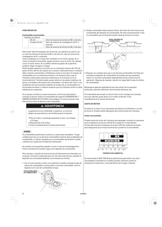 08/09/29 19:47:47 35Z5K603_008



    PARA REPOSTAR                                                                  2. Añada combustible hasta la parte inferior del límite del nivel máximo de
                                                                                      combustible del depósito de combustible. No llene excesivamente. Frote
    Combustible recomendado                                                           el combustible que se haya derramado antes de arrancar el motor.
      Gasolina sin plomo
             EE.UU.         Valor de octanos de bomba de 86 o más alto                                            NIVEL MÁXIMO DE
                                                                                                                  COMBUSTIBLE
             Excepto EE.UU. Valor de octanos de investigación de 91 o
                            más alto
                            Valor de octanos de bomba de 86 o más alto

    Este motor está homologado para funcionar con gasolina sin plomo con
    un valor de octanos de bomba de 86 o más alto (un valor de octanos de
    investigación de 91 o más alto).
    Llene el depósito en un lugar bien ventilado con el motor parado. Si el
    motor ha estado funcionando, espere primero a que se enfríe. No reposte
    nunca el motor dentro de un edificio donde los gases de la gasolina
    pudieran llegar a fuegos o chispas.
    Podrá emplear gasolina sin plomo con un contenido máximo del 10% de
    etanol (E10) o del 5% de metanol por volumen. Adicionalmente, el metanol
    debe contener cosolventes e inhibidores contra la corrosión. El empleo de      3. Reposte con cuidado para que no se derrame combustible. No llene por
    combustible con un contenido de etanol o de metanol mayor que el                  completo el depósito de combustible. Es posible que sea necesario
    indicado arriba puede ocasionar problemas en el arranque y/o en el                reducir el nivel del combustible dependiendo de las condiciones de
    funcionamiento. También puede causar daños en las partes metálicas, de            operación. Después de repostar, apriete con seguridad la tapa de relleno
    goma, y de plástico del sistema de combustible. Los daños del motor o los         de combustible.
    problemas de funcionamiento debidos al empleo de un combustible con
    porcentajes de etanol o metanol mayores que los indicados arriba no están      Mantenga la gasolina apartada de las luces piloto de los aparatos,
    cubiertos por la garantía.                                                     barbacoas, aparatos eléctricos, herramientas eléctricas, etc.

    Si su equipo se utiliza con poca frecuencia o de forma intermitente,           El combustible derramado no sólo le hará correr el peligro de incendio,
    consulte la sección sobre el combustible del capítulo SUGERENCIAS Y            sino que además causa daños en el medio ambiente. Frote
    OBSERVACIONES DE UTILIDAD (vea la página 13 ) para encontrar más               inmediatamente el líquido derramado.
    información sobre el deterioro del combustible.
                                                                                   ACEITE DE MOTOR

                                                                                   El aceite es un factor muy importante que afecta el rendimiento y la vida
             La gasolina es muy inflamable y explosiva, y correrá el               de servicio. Emplee aceite detergente para automóviles de 4 tiempos.
             peligro de quemaduras o de heridas graves al repostar.
                                                                                   Aceite recomendado
               Pare el motor y mantenga apartados el calor, las chispas,
               y el fuego.                                                         Emplee aceite de motor de 4 tiempos que satisfaga o exceda los requisitos
               Reposte sólo al aire libre.                                         para la categoría de servicio API de SJ o posterior (o equivalente).
               Frote inmediatamente el líquido derramado.                          Compruebe siempre la etiqueta de servicio API del recipiente de aceite
                                                                                   para asegurarse que incluye las letras SJ o posterior (o equivalente).



     El combustible puede dañar la pintura y ciertos tipos de plástico. Tenga
     cuidado para que no se derrame combustible mientras llena el depósito de
     combustible. Lo daños causados por el combustible derramado no están
     cubiertos por la garantía limitada del distribuidor.

    No emplee nunca gasolina pasada o sucia ni mezcla de aceite/gasolina.
    Evite la entrada de suciedad o agua en el depósito de combustible.

    Para repostar, consulte las instrucciones del fabricante suministradas con                            TEMPERATURA AMBIENTAL
    el equipo. Consulte lo siguiente para ver las instrucciones para repostar el
    depósito de combustible estándar suministrado por Honda.                       Se recomienda el SAE 10W-30 para aplicaciones generales. Las otras
                                                                                   viscosidades mostradas en la gráfica pueden utilizarse cuando la
    1. Con el motor parado y sobre una superficie nivelada, extraiga la tapa de    temperatura media de su zona está dentro del margen indicado.
       relleno de combustible y compruebe el nivel del combustible. Llene el
       depósito si el nivel de combustible es bajo.
        TAPA DE RELLENO
        DE COMBUSTIBLE




    8                                                                         ESPAÑOL
 