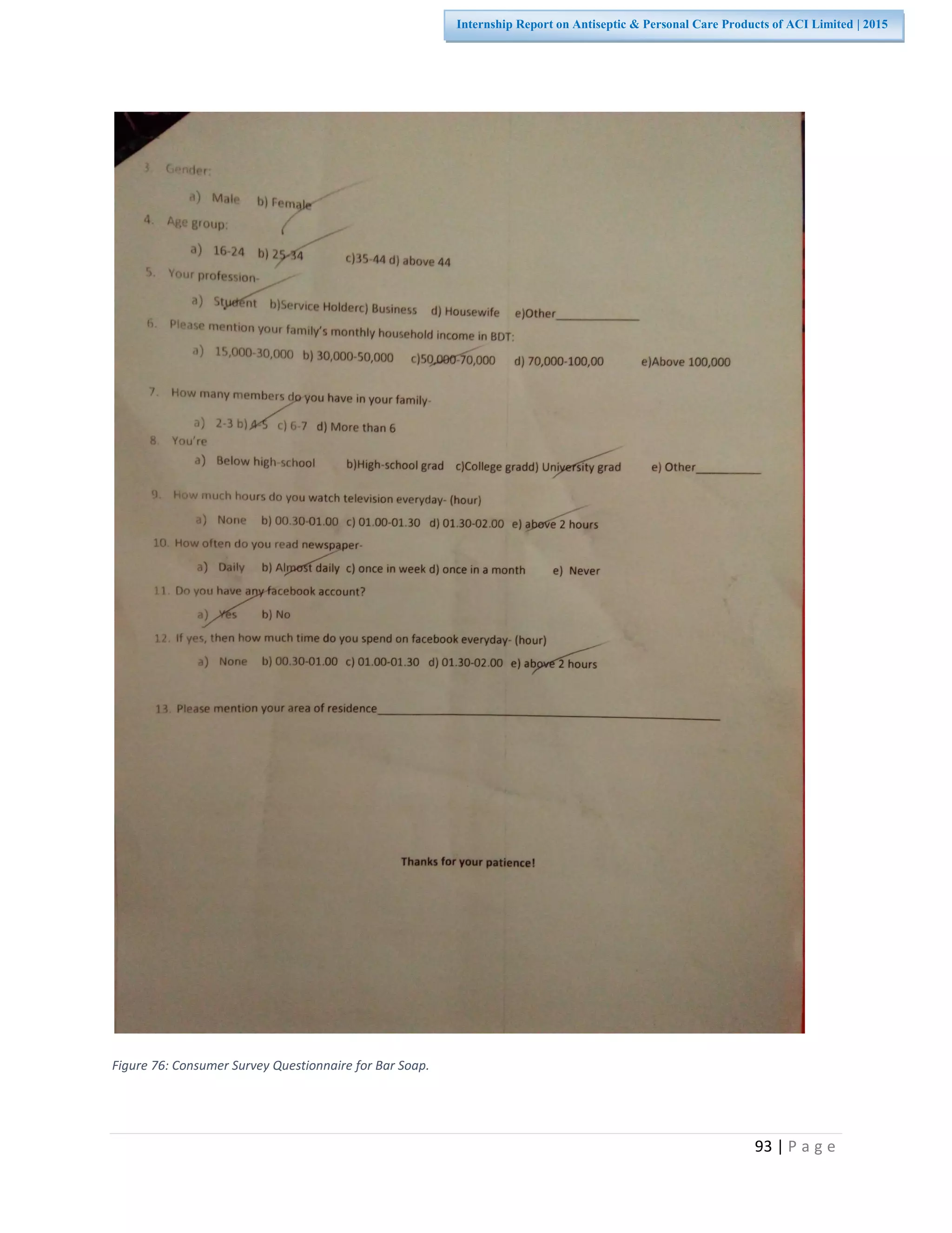 93 | P a g e
Internship Report on Antiseptic & Personal Care Products of ACI Limited | 2015
Figure 76: Consumer Survey Questionnaire for Bar Soap.
 