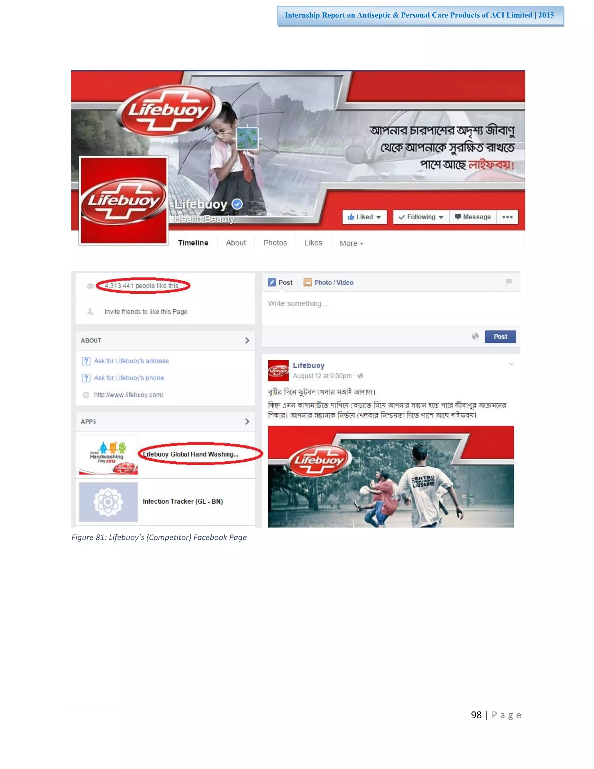 98 | P a g e
Internship Report on Antiseptic & Personal Care Products of ACI Limited | 2015
Figure 81: Lifebuoy’s (Competitor) Facebook Page
 
