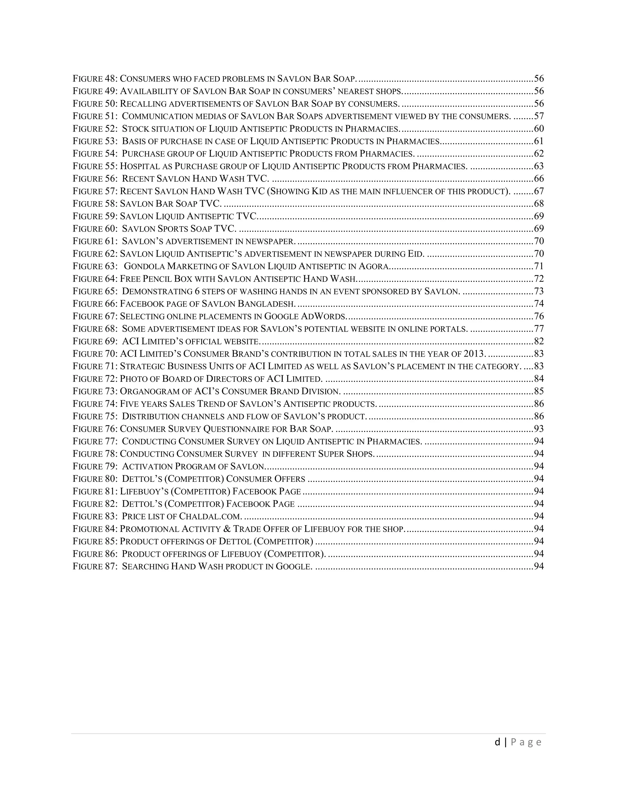 d | P a g e
FIGURE 48: CONSUMERS WHO FACED PROBLEMS IN SAVLON BAR SOAP......................................................................56
FIGURE 49: AVAILABILITY OF SAVLON BAR SOAP IN CONSUMERS’ NEAREST SHOPS....................................................56
FIGURE 50: RECALLING ADVERTISEMENTS OF SAVLON BAR SOAP BY CONSUMERS.....................................................56
FIGURE 51: COMMUNICATION MEDIAS OF SAVLON BAR SOAPS ADVERTISEMENT VIEWED BY THE CONSUMERS. ........57
FIGURE 52: STOCK SITUATION OF LIQUID ANTISEPTIC PRODUCTS IN PHARMACIES.....................................................60
FIGURE 53: BASIS OF PURCHASE IN CASE OF LIQUID ANTISEPTIC PRODUCTS IN PHARMACIES.....................................61
FIGURE 54: PURCHASE GROUP OF LIQUID ANTISEPTIC PRODUCTS FROM PHARMACIES. ..............................................62
FIGURE 55: HOSPITAL AS PURCHASE GROUP OF LIQUID ANTISEPTIC PRODUCTS FROM PHARMACIES. .........................63
FIGURE 56: RECENT SAVLON HAND WASH TVC. .......................................................................................................66
FIGURE 57: RECENT SAVLON HAND WASH TVC (SHOWING KID AS THE MAIN INFLUENCER OF THIS PRODUCT). ........67
FIGURE 58: SAVLON BAR SOAP TVC. ..........................................................................................................................68
FIGURE 59: SAVLON LIQUID ANTISEPTIC TVC.............................................................................................................69
FIGURE 60: SAVLON SPORTS SOAP TVC. ....................................................................................................................69
FIGURE 61: SAVLON’S ADVERTISEMENT IN NEWSPAPER..............................................................................................70
FIGURE 62: SAVLON LIQUID ANTISEPTIC’S ADVERTISEMENT IN NEWSPAPER DURING EID. ..........................................70
FIGURE 63: GONDOLA MARKETING OF SAVLON LIQUID ANTISEPTIC IN AGORA.........................................................71
FIGURE 64: FREE PENCIL BOX WITH SAVLON ANTISEPTIC HAND WASH......................................................................72
FIGURE 65: DEMONSTRATING 6 STEPS OF WASHING HANDS IN AN EVENT SPONSORED BY SAVLON. ............................73
FIGURE 66: FACEBOOK PAGE OF SAVLON BANGLADESH..............................................................................................74
FIGURE 67: SELECTING ONLINE PLACEMENTS IN GOOGLE ADWORDS..........................................................................76
FIGURE 68: SOME ADVERTISEMENT IDEAS FOR SAVLON’S POTENTIAL WEBSITE IN ONLINE PORTALS. .........................77
FIGURE 69: ACI LIMITED’S OFFICIAL WEBSITE............................................................................................................82
FIGURE 70: ACI LIMITED’S CONSUMER BRAND’S CONTRIBUTION IN TOTAL SALES IN THE YEAR OF 2013...................83
FIGURE 71: STRATEGIC BUSINESS UNITS OF ACI LIMITED AS WELL AS SAVLON’S PLACEMENT IN THE CATEGORY. ....83
FIGURE 72: PHOTO OF BOARD OF DIRECTORS OF ACI LIMITED. ..................................................................................84
FIGURE 73: ORGANOGRAM OF ACI’S CONSUMER BRAND DIVISION. ...........................................................................85
FIGURE 74: FIVE YEARS SALES TREND OF SAVLON’S ANTISEPTIC PRODUCTS..............................................................86
FIGURE 75: DISTRIBUTION CHANNELS AND FLOW OF SAVLON’S PRODUCT..................................................................86
FIGURE 76: CONSUMER SURVEY QUESTIONNAIRE FOR BAR SOAP. ..............................................................................93
FIGURE 77: CONDUCTING CONSUMER SURVEY ON LIQUID ANTISEPTIC IN PHARMACIES. ...........................................94
FIGURE 78: CONDUCTING CONSUMER SURVEY IN DIFFERENT SUPER SHOPS...............................................................94
FIGURE 79: ACTIVATION PROGRAM OF SAVLON..........................................................................................................94
FIGURE 80: DETTOL’S (COMPETITOR) CONSUMER OFFERS .........................................................................................94
FIGURE 81: LIFEBUOY’S (COMPETITOR) FACEBOOK PAGE ...........................................................................................94
FIGURE 82: DETTOL’S (COMPETITOR) FACEBOOK PAGE .............................................................................................94
FIGURE 83: PRICE LIST OF CHALDAL.COM...................................................................................................................94
FIGURE 84: PROMOTIONAL ACTIVITY & TRADE OFFER OF LIFEBUOY FOR THE SHOP...................................................94
FIGURE 85: PRODUCT OFFERINGS OF DETTOL (COMPETITOR) ......................................................................................94
FIGURE 86: PRODUCT OFFERINGS OF LIFEBUOY (COMPETITOR)..................................................................................94
FIGURE 87: SEARCHING HAND WASH PRODUCT IN GOOGLE. ......................................................................................94
 