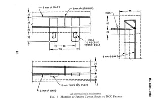 6 mm + BARS
a_,__!________J-~zE~~ps
_______________ -_-__A
II
II .G
- 6 mm THICK MS PLATE 15
6 mm $ BARS
All dimensions in millimetres.
HOLEp757!-------1
FIG. 4 METHOD 6~ FIXING TOWER BOLTS TO RCC FRAMES
 