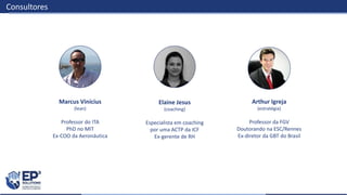Marcus Vinícius
(lean)
Professor do ITA
PhD no MIT
Ex-COO da Aeronáutica
Elaine Jesus
(coaching)
Especialista em coaching
por uma ACTP da ICF
Ex-gerente de RH
Arthur Igreja
(estratégia)
Professor da FGV
Doutorando na ESC/Rennes
Ex-diretor da GBT do Brasil
Consultores
 