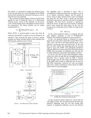 364 2013 International Conference of Soft Computing and Pattern Recognition (SoCPaR)
this scheme it is proposed for finding the optimum power
vector that maximizes the overall throughput of the OFDM
System while satisfying the total power constraint as well as
target bit error rate constraints.
Fig-5 contains the block diagram of fitness function being
applied for sake of finding the fitness of a chromosome
(transmit power vector) in DE algorithm. So the power
vector with the highest fitness (throughput) would be chosen
for transmission. The fitness function can be written
mathematically as;
1
( , )
N
i i
i
R FRBS RSNR QoS
=
= ∑ (4)
Where iRSNR is received signal to noise ratio from ith
subcarrier and and iQoS is quality of service demand at ith
subcarrier. Upon receiving the signal at receiver, channel
estimates are found, and then based on these estimates and
QoS demands, optimum vector is found.
Figure 5. Fitness Block
Figure 6. The Differential Evolution Algorithm
The algorithm used is described in fig-6. This is
accomplished in following manner that according to a given
set of channel coefficients (alphas), and the quality of
service vector as input, transmit power vector is perturbed
and using DE, the fittest vector is found and according
modulation code pairs are used that will result in the highest
throughput. The total power constraint is satisfied by
making the choice of upper and lower bounds of candidate
power vector around the fixed power. In this way the
average power transmitted always fulfills the target power
constraint.
VII. RESULTS
In this section proposed scheme is compared with the
other adaptive techniques as well as HYPERLAN/2
standard. The simulation parameters are given in table-II.
In fig-7, the proposed scheme is compared for various
target bit error rates (that is QoS) like average BER=10e-1,
10e-2, 10e-3 and 10e-4 with fixed transmit power. Every
subcarrier was having same and fixed power. In this way
QoS was fixed initially then depending upon the received
signal to noise ratio (SNR), most appropriate modulation
code pair (MCP) was chosen using Fuzzy Rule Base System
(FRBS), then the product of modulation rate and code rate
so called modulation-code-product (throughput) is plotted.
It can be seen that for poor QoS throughput reaches
4.5bits/s/Hz while for high QoS the throughput approaches
2bits/s/Hz. This is because when the BER is relaxed,
relatively high code rate and a larger constellation is chosen
by the FRBS which results in a high data rate. In case of a
tight BER requirement, relatively low code rate product
code with a smaller constellation will be chosen by FRBS,
which results in a poor throughput.
Figure 7. Comparison of proposed scheme for various QoS in a
HYPERLAN/2 environment with fixed power
In fig-8, proposed scheme plotted for various QoS but
with adaptive power. DE was used to choose the power per
subcarrier depending upon the CSI and average QoS
required. A significance difference can be seen between
Quality of Service Vector Q
TransmitPowerVector(P)
2
1α
2
2α
2
Nα
FuzzyRuleBaseSystem(FRBS)
2(log )R M
Throughput
Start
Initialization
Mutation
Crossover
Decision
Taken
Yes
Criteria met?
Selection based upon FRBS
End
No
 