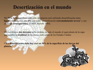Desertización en el mundo
•El 30% de la superficie cultivable del planeta está sufriendo desertificación entre
ligera y severa, con otro 6% que sufre "desertificación extremadamente severa" y son
ya tierras irrecuperables. (UNEP, Nairobi 1984).


•En los últimos dos decenios se ha perdido en todo el mundo el equivalente de la capa
que recubre la totalidad de las tierras cultivables de los Estados Unidos.


•"La desertificación daña hoy casi un 30% de la superficie de las tierras del
planeta."
 