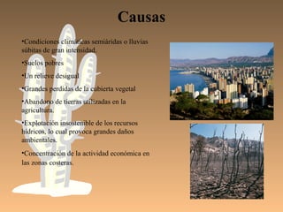 Causas
•Condiciones climáticas semiáridas o lluvias
súbitas de gran intensidad.
•Suelos pobres
•Un relieve desigual
•Grandes perdidas de la cubierta vegetal
•Abandono de tierras utilizadas en la
agricultura.
•Explotación insostenible de los recursos
hídricos, lo cual provoca grandes daños
ambientales.
•Concentración de la actividad económica en
las zonas costeras.
 