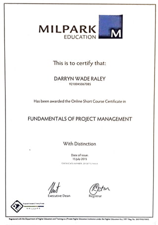 Milpark Business School Certificate DW Raley