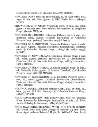 Moody Bible Institute of Chicago; 20Mar57; MP8081.
WONDERS DOWN UNDER. (Screenliner, no. 8) RKO Pathe, Inc.,
1950. 8 min., sd., b&w, 35mm. © RKO Pathe, Inc.; 24Mar50;
MP173.
THE WONDERS OF ARABY. Vitaphone Corp. 17 min., sd., color,
35mm. A Warner Bros. short subject. Warnercolor. © Vitaphone
Corp.; 3Jun56; MP8319.
WONDERS OF CHICAGO. Columbia Pictures Corp. 1 reel, sd.,
Eastman color, 35mm. (Musical Travelarks) © Columbia
Pictures Corp.; 30Jan58 (in notice: 1957); LP9903.
WONDERS OF MANHATTAN. Columbia Pictures Corp. 2 reels,
sd., color, 35mm. (Musical Travelarks) CinemaScope. Eastman
color. © Columbia Pictures Corp.; 17Jan56 (in notice: 1955);
MP6863.
WONDERS OF NEW ORLEANS. Columbia Pictures Corp. 1 reel,
sd., color, 35mm. (Musical Travelarks, no. 3) CinemaScope.
Eastman color. © Columbia Pictures Corp.; 14Feb57 (in notice:
1956); MP8301.
WONDERS OF PUERTO RICO. Columbia Pictures Corp. 18 min.,
sd., Columbia Color, 35mm. (A Musical Travelark) © Columbia
Pictures Corp.; 11Dec58; MP9285.
WONDERS OF WASHINGTON, D. C. Columbia Pictures Corp. 1
reel, sd., color, 35mm. (Musical Travelarks) CinemaScope.
Eastman color. © Columbia Pictures Corp.; 18Apr57 (in notice:
1956); MP8210.
WOO WOO BLUES. Columbia Pictures Corp., 1951. 16 min., sd.,
b&w, 35mm. (All Star Comedy) © Columbia Pictures Corp.;
14Jul51; LP1238.
WOOD CONSTRUCTION FOR BEGINNERS. New Art Training
Films. Released by Tabletopper Productions. 16 min., sd., b&w,
16mm. © Irving L. Pressman; 15May56; MP7244.
WOOD MACHINING RESEARCH WITH HIGH SPEED MOTION
PICTURES. New York State College of Forestry. 24 min., b&w,
8mm. Appl. authors: Robert J. Hoyle, Jr., Wilfred A. Cote, Jr. ©
 