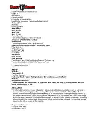 Listed in Hazardous Substance List:
Codes A
Hazards ---
Carcinogen NO
Zinc Oxide CAS#1314-13-2
Listed In the Minnesota Hazardous Substance List:
Codes: ANO
Hazards ---
Carcinogen NO
New Jersey:
None Known
New York:
None Known
Pennsylvania:
Titanium Dioxide CAS# 13463.67-7 Code –
Zinc Oxide CAS#1314-13-2 Code E
Washington:
Titanium Dioxide(total dust) CAS#13463-67-7
Washington Air Contaminant PPM mg/cubic meter
TWA UNK 10
STEL UNK UNK
Ceiling UNK UNK
Skin:UNK
Wisconsin:
None Known
West Virginia:
The following is on the West Virginia Toxic Air Pollutant List:
Titanium Dioxide CAS13463-67-7 (Pounds per Year)
16. Other Information
HMIS III
HEALTH 2
Flammability 0
Physical Hazard 0
Following Health Hazard Rating indicates Chronic/Carcinogenic effects
HMIS III
Personal Protection G
This rating is for the product as it is packaged. This rating will need to be adjusted by the user
based on conditions of use
DISCLAIMER
The information contained herein is based on data considered to be accurate; however, no warranty is
expressed or implied regarding the accuracy of this data or the results to be obtained from the use
thereof. Vendor assumes no responsibility for injury to vendee or third person proximately caused by
the material if reasonable safety procedures are not adhered to as stipulated in the Safety Data Sheet.
Additional vendor assumes no responsibility for injury to vendee or third persons proximately caused by
abnormal use of the material even if reasonable safety procedures are followed. Furthermore, vendee
assumes the risk of his use of the material.
Prepared by: C. Boddie
Approval Date: 8/13
Supersedes: 03/12
 