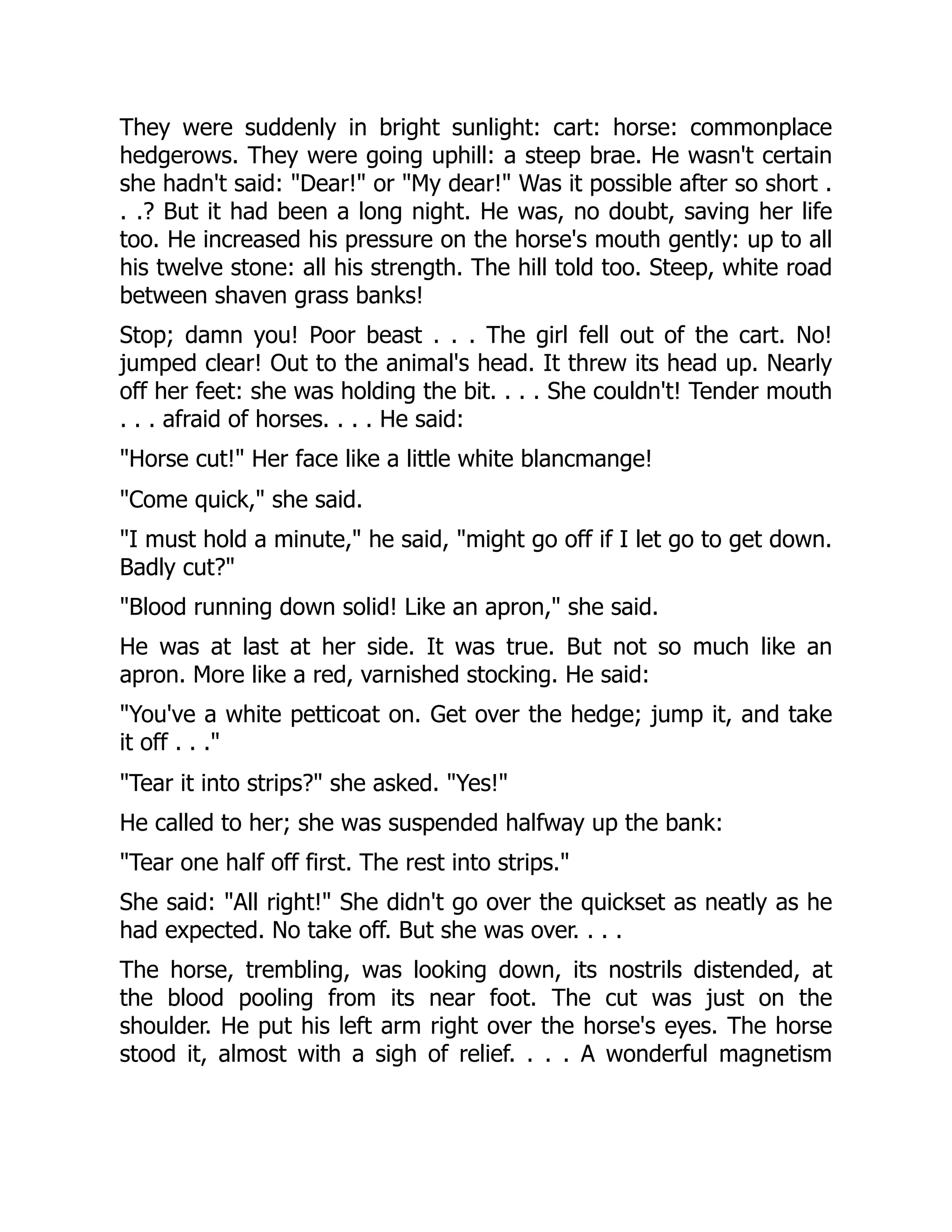 They were suddenly in bright sunlight: cart: horse: commonplace
hedgerows. They were going uphill: a steep brae. He wasn't certain
she hadn't said: "Dear!" or "My dear!" Was it possible after so short .
. .? But it had been a long night. He was, no doubt, saving her life
too. He increased his pressure on the horse's mouth gently: up to all
his twelve stone: all his strength. The hill told too. Steep, white road
between shaven grass banks!
Stop; damn you! Poor beast . . . The girl fell out of the cart. No!
jumped clear! Out to the animal's head. It threw its head up. Nearly
off her feet: she was holding the bit. . . . She couldn't! Tender mouth
. . . afraid of horses. . . . He said:
"Horse cut!" Her face like a little white blancmange!
"Come quick," she said.
"I must hold a minute," he said, "might go off if I let go to get down.
Badly cut?"
"Blood running down solid! Like an apron," she said.
He was at last at her side. It was true. But not so much like an
apron. More like a red, varnished stocking. He said:
"You've a white petticoat on. Get over the hedge; jump it, and take
it off . . ."
"Tear it into strips?" she asked. "Yes!"
He called to her; she was suspended halfway up the bank:
"Tear one half off first. The rest into strips."
She said: "All right!" She didn't go over the quickset as neatly as he
had expected. No take off. But she was over. . . .
The horse, trembling, was looking down, its nostrils distended, at
the blood pooling from its near foot. The cut was just on the
shoulder. He put his left arm right over the horse's eyes. The horse
stood it, almost with a sigh of relief. . . . A wonderful magnetism
 
